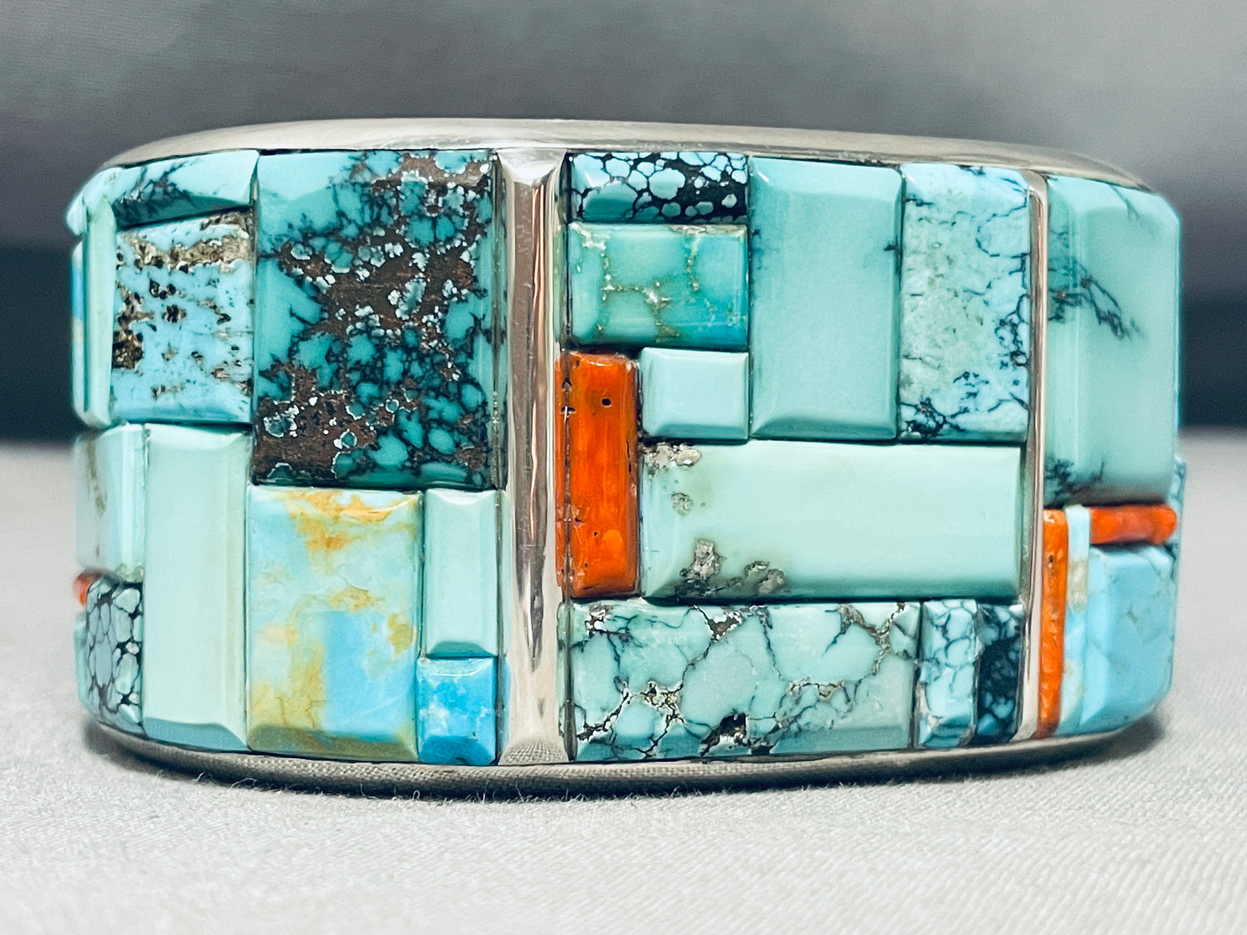 121 Gram Les James Turquoise Inlay Native American Navajo Sterling Silver Bracelet - Handmade Southwest Jewelry for Women, Boho Chic Accessories for Casual & Formal Occasions