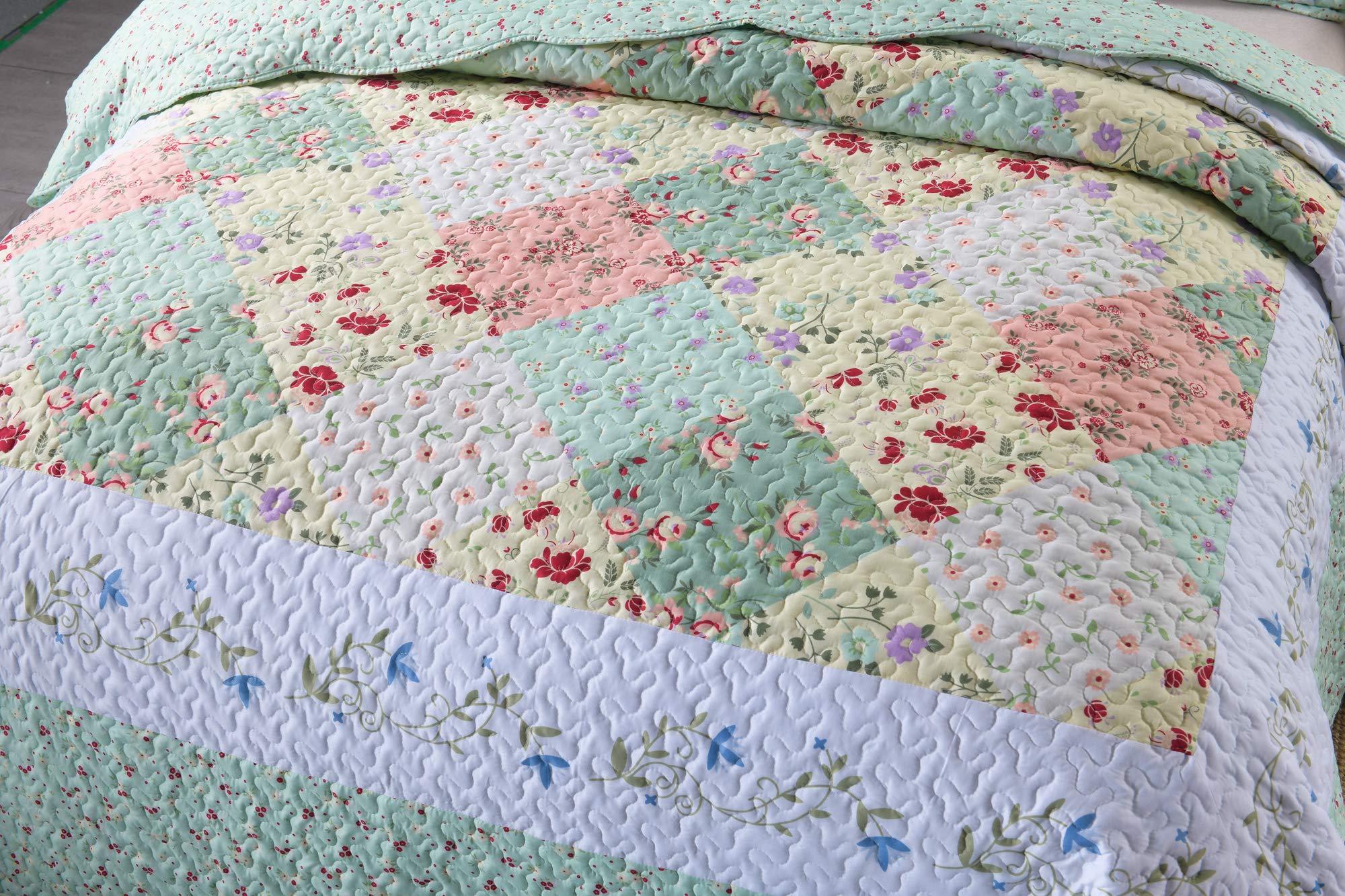MarCielo 3-Piece Floral Printed Quilt Set - Lightweight Bedspread Coverlet Set in Romantic Green (King Size) for Master Bedroom, Guest Room & Cozy Home Decor