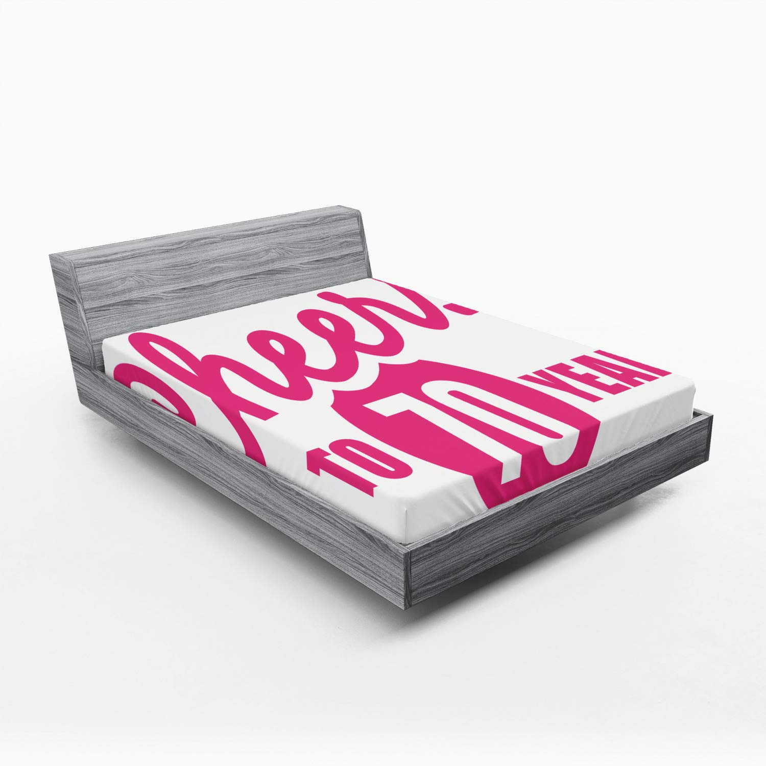 Ambesonne 70th Birthday Fitted Sheet - Queen Size Deep Pocket Hot Pink & Black - Handwritten Calligraphy Design for 70th Birthday Party - All-Around Elastic for Comfort - Perfect for Guest Rooms, Retirement Celebrations & Milestone Birthday Decor