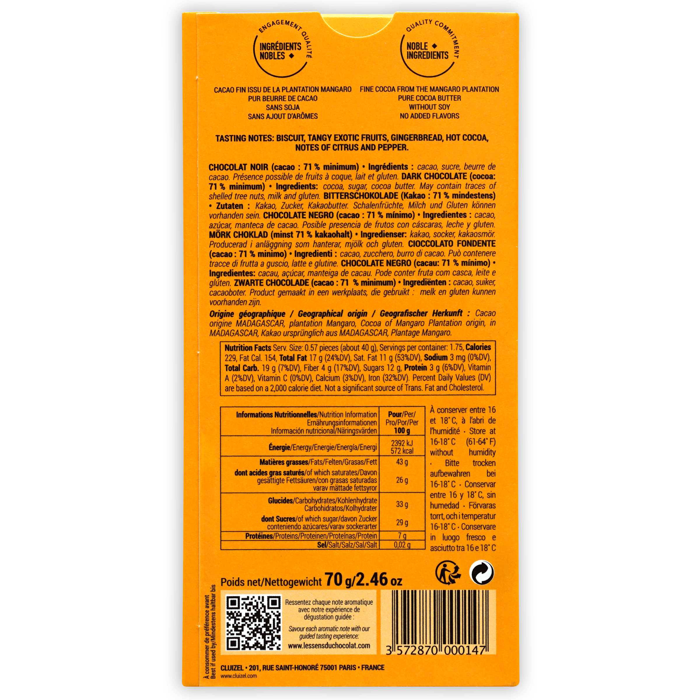 Michel Cluizel Mangaro 71% Dark Chocolate Bar - Premium Gourmet Chocolate for Baking, Gifting & Desserts