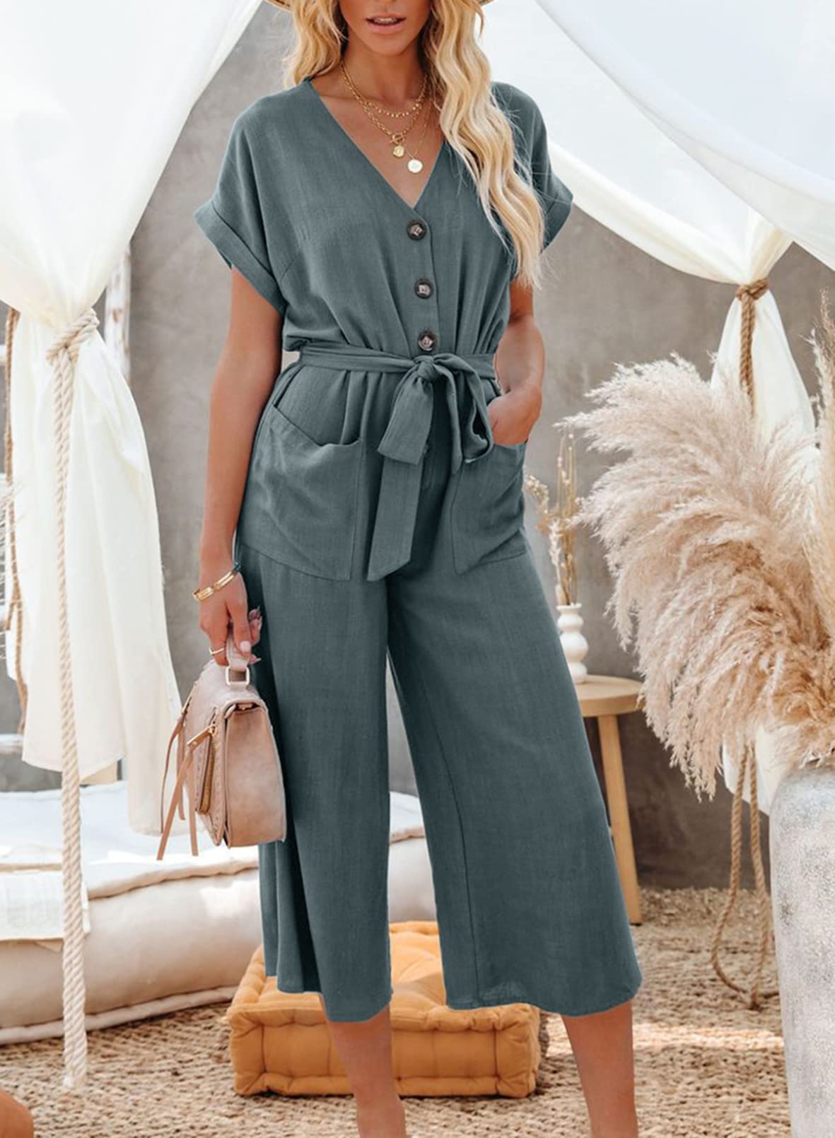 Acelitt Women's Casual V-Neck Short Sleeve Button Belted Wide Leg Jumpsuit - S-XXL | Comfortable Summer Outfit for Beach, Travel & Everyday Wear