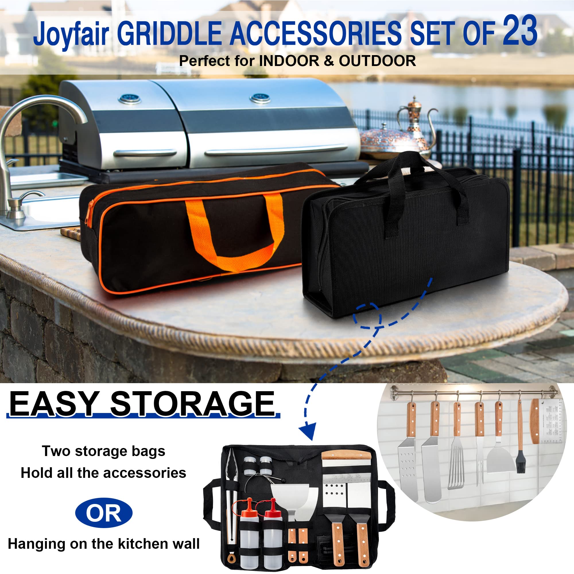 23Pcs Stainless Steel Griddle Accessories Kit - Joyfair BBQ Grilling Tool Set with Flat Top Spatulas & Cast Iron Burger Press - Perfect for Outdoor Hibachi, Teppanyaki & Backyard Cooking (Wooden Handles) - Ideal for Camping, Tailgating & Home Grilling Parties