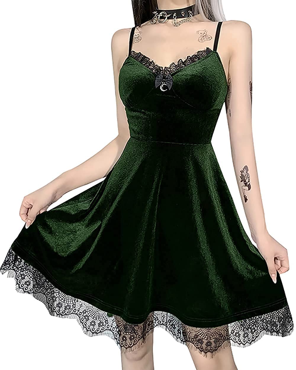 Gothic Lace Velvet Black Vintage Dress for Women - Backless Punk Grunge Style | Perfect for Halloween, Cosplay, and Alternative Fashion Events