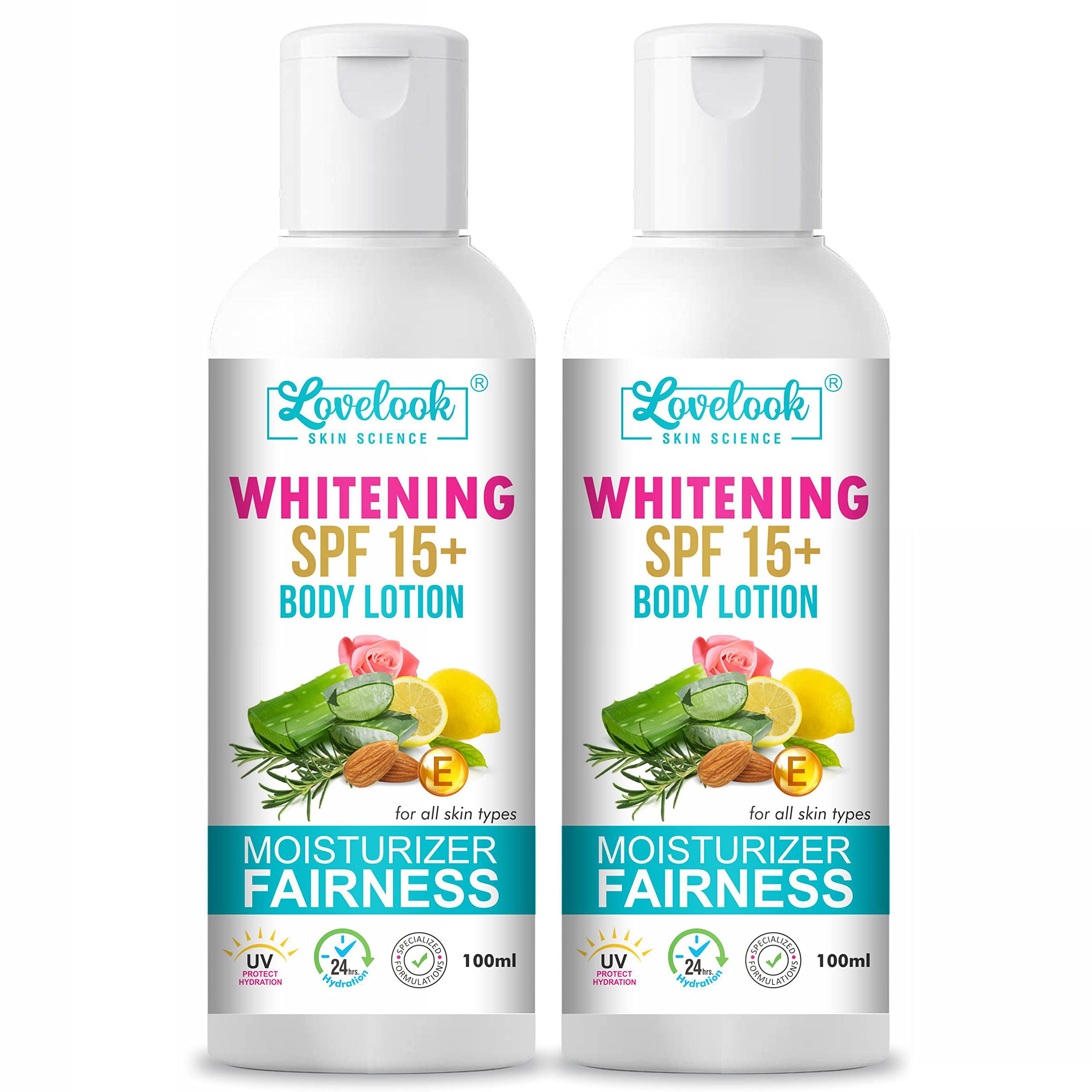 Lovelook Whitening Body Lotion SPF 15+ - Moisturizing & Brightening Cream for Face, Hands & Body - 100ml (Pack of 2) | Daily Hydration & Sun Protection for Radiant Skin