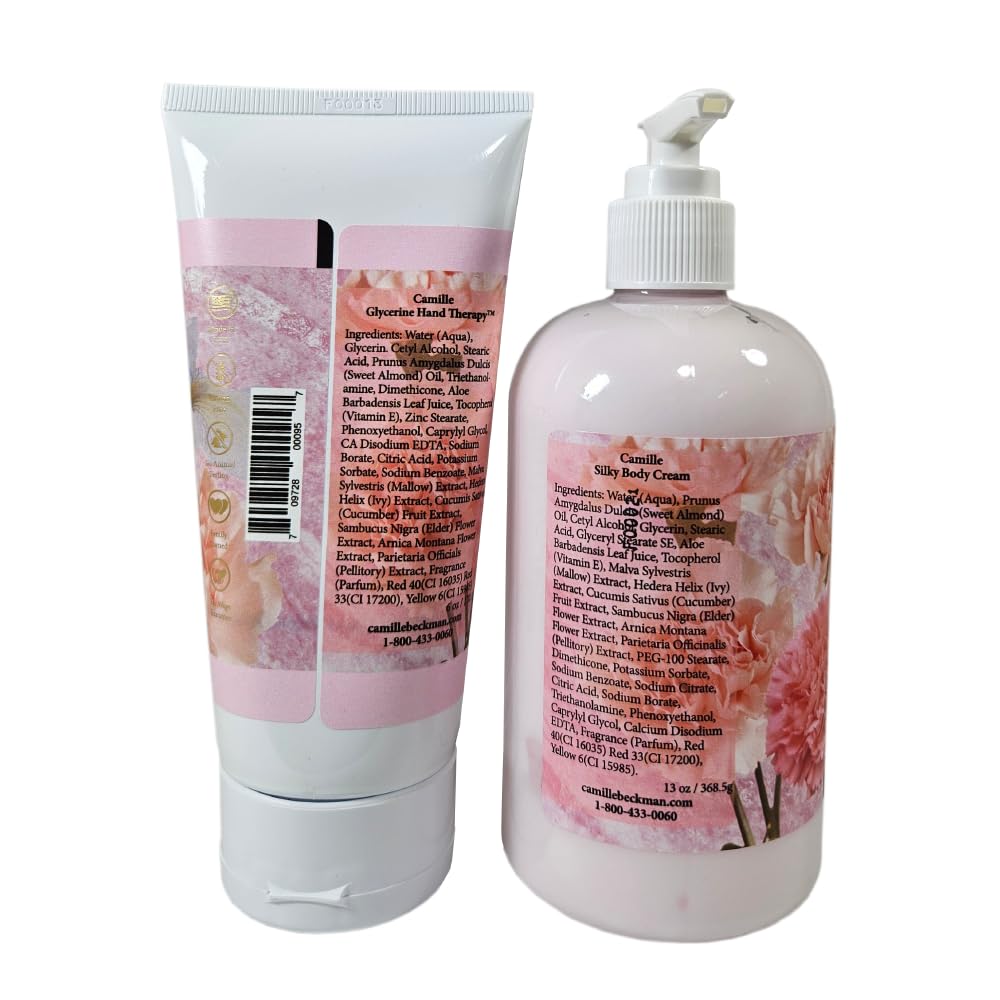 Camille Beckman Silky Body & Glycerin Hand Cream Duo Set - Moisturizing Lotion for Dry Skin - Perfect for Home Spa, Office Desk & Travel Essentials