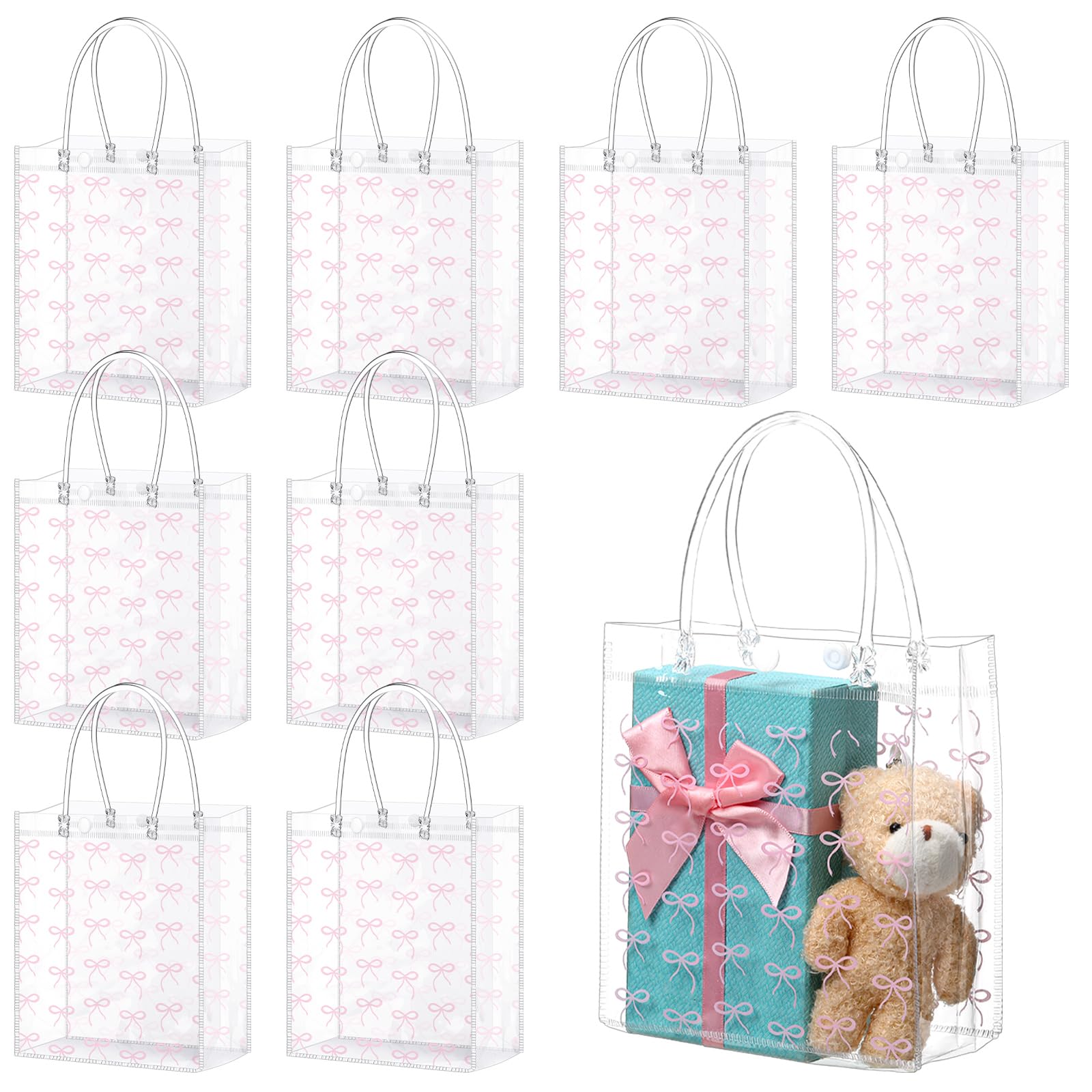 Sweetude 24 Pcs Coquette Bow PVC Clear Gift Bags with Handle - Elegant Goodie Candy Treat Bags for Birthday, Baby Shower, Bridal Shower & Christmas Party Supplies - Perfect for Gift Wrapping, Party Favors & Event Decorations