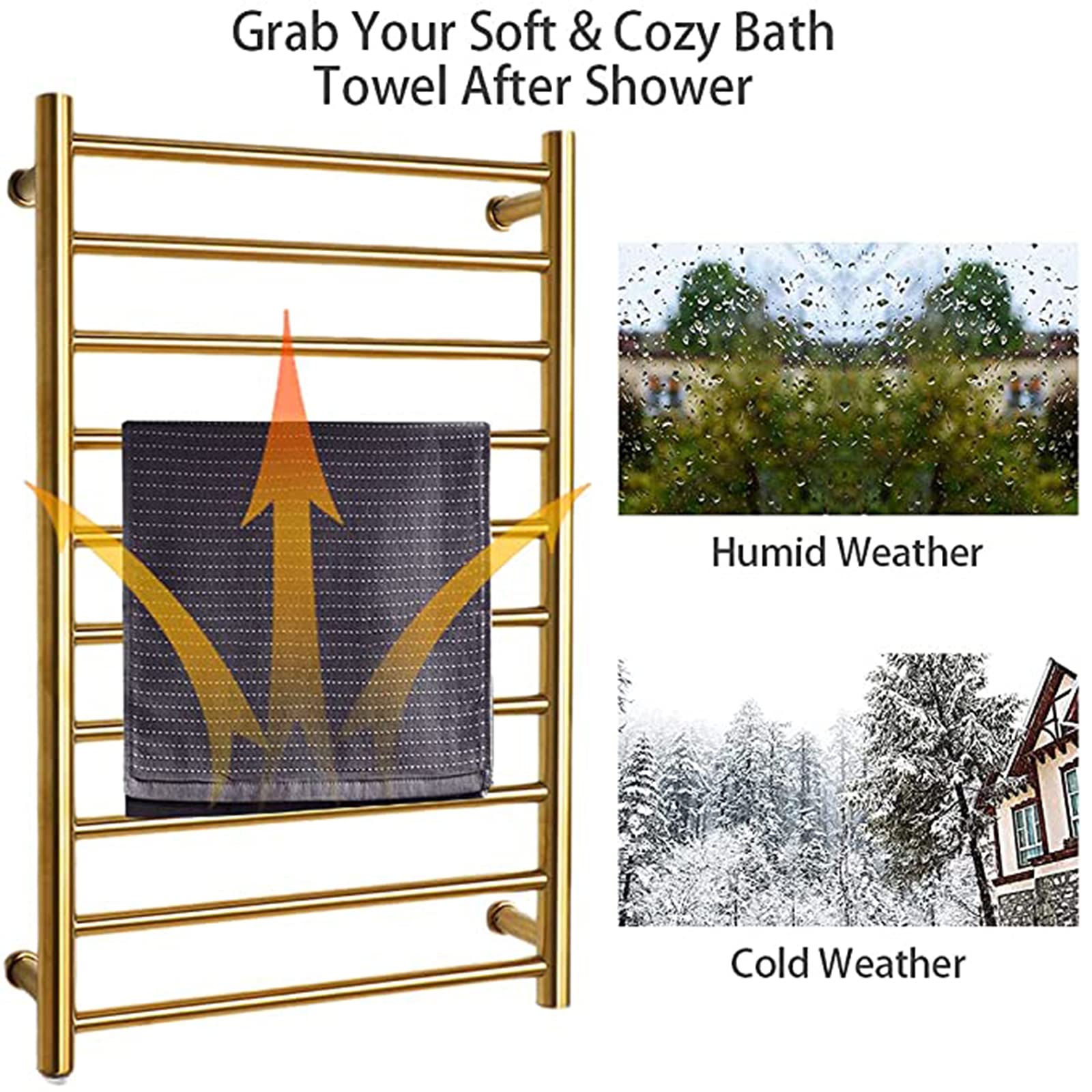 APUM 88W Energy Efficient Heated Towel Rack - 304 Stainless Steel Wall Mounted Electric Towel Warmer with Timer for Bathroom (Gold Hardwired) | Warm & Dry Towels Instantly - Perfect for Spa, Luxury Hotels & Cozy Home Bathrooms