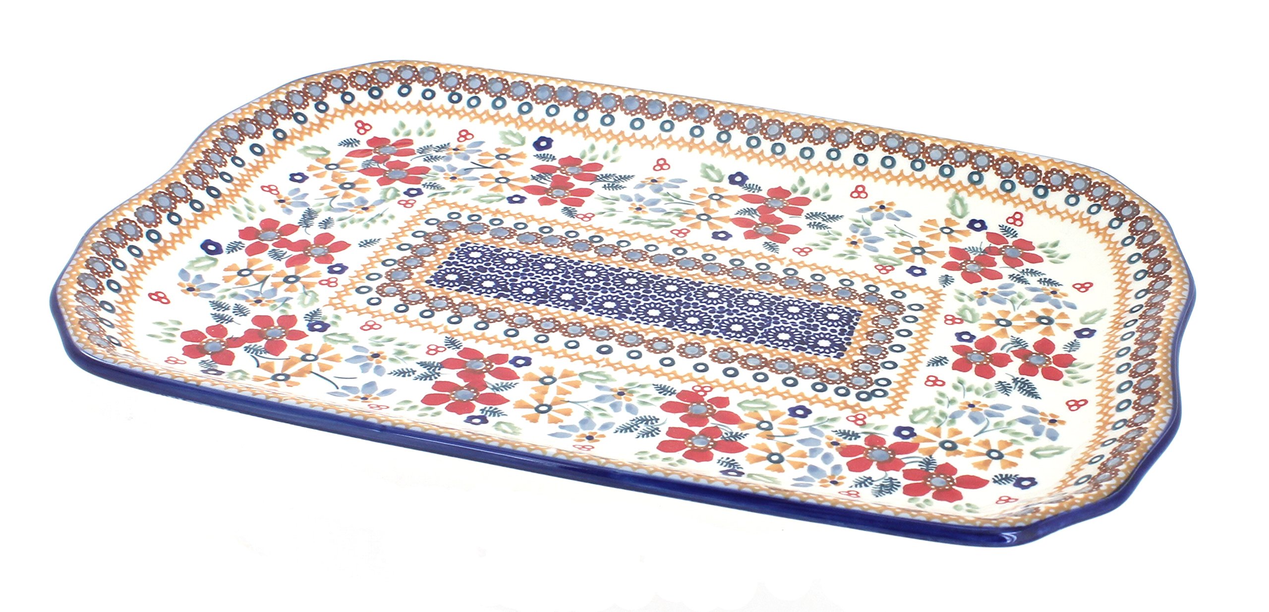 Blue Rose Polish Pottery Red Daisy Medium Serving Tray - Handcrafted Ceramic Tray for Dining, Kitchen Decor, and Gift Giving - Perfect for Tea Parties, Breakfast Serving, and Home Decor