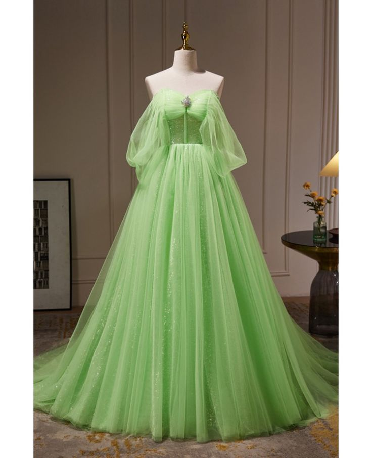 Elegant Off-The-Shoulder Long Green Tulle Prom Dress - A-Line Princess Gown J4424 for Homecoming, Formal Dances & Special Occasions