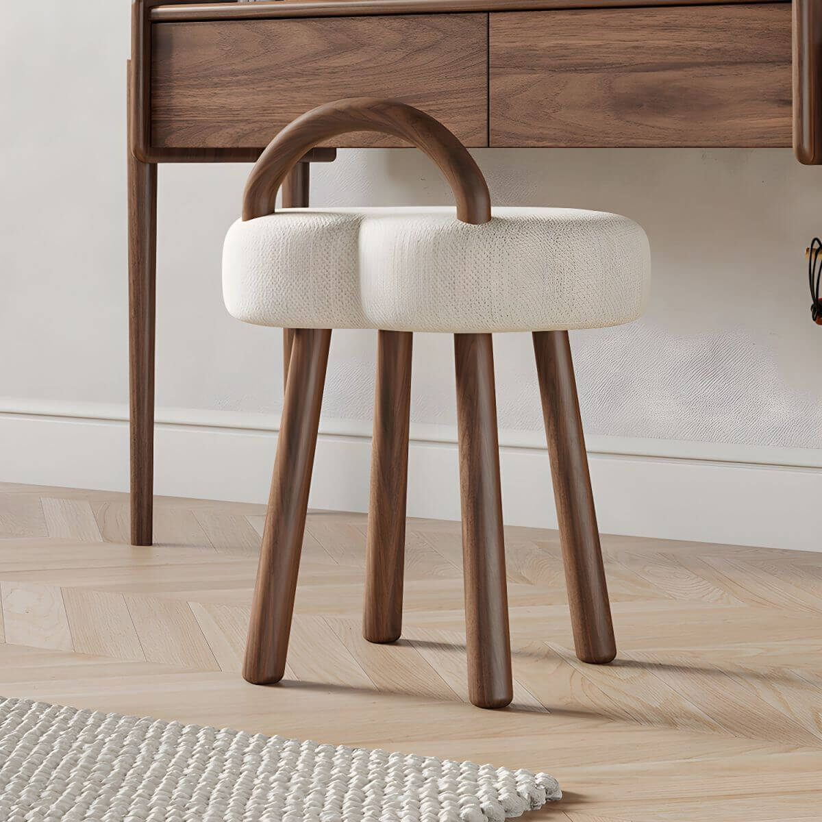 White Upholstered Vanity Stool with Back Support & Wooden Legs - 19
