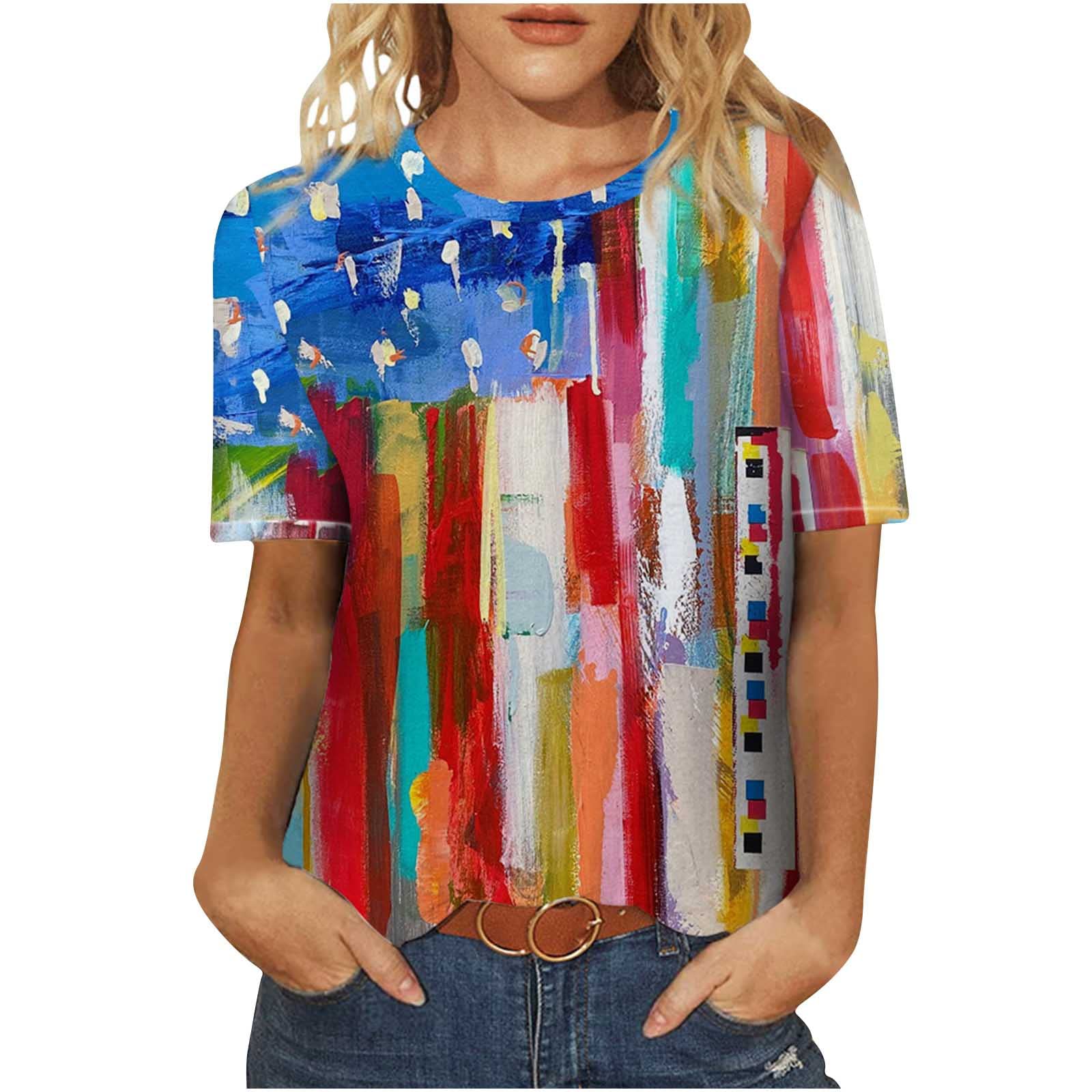 Women's Summer Round Neck Short Sleeve T-Shirt - Cute Printed Vintage Tee, Loose Fit Casual Blouse Top | Perfect for Beach Outings, Weekend Wear & Summer Fashion