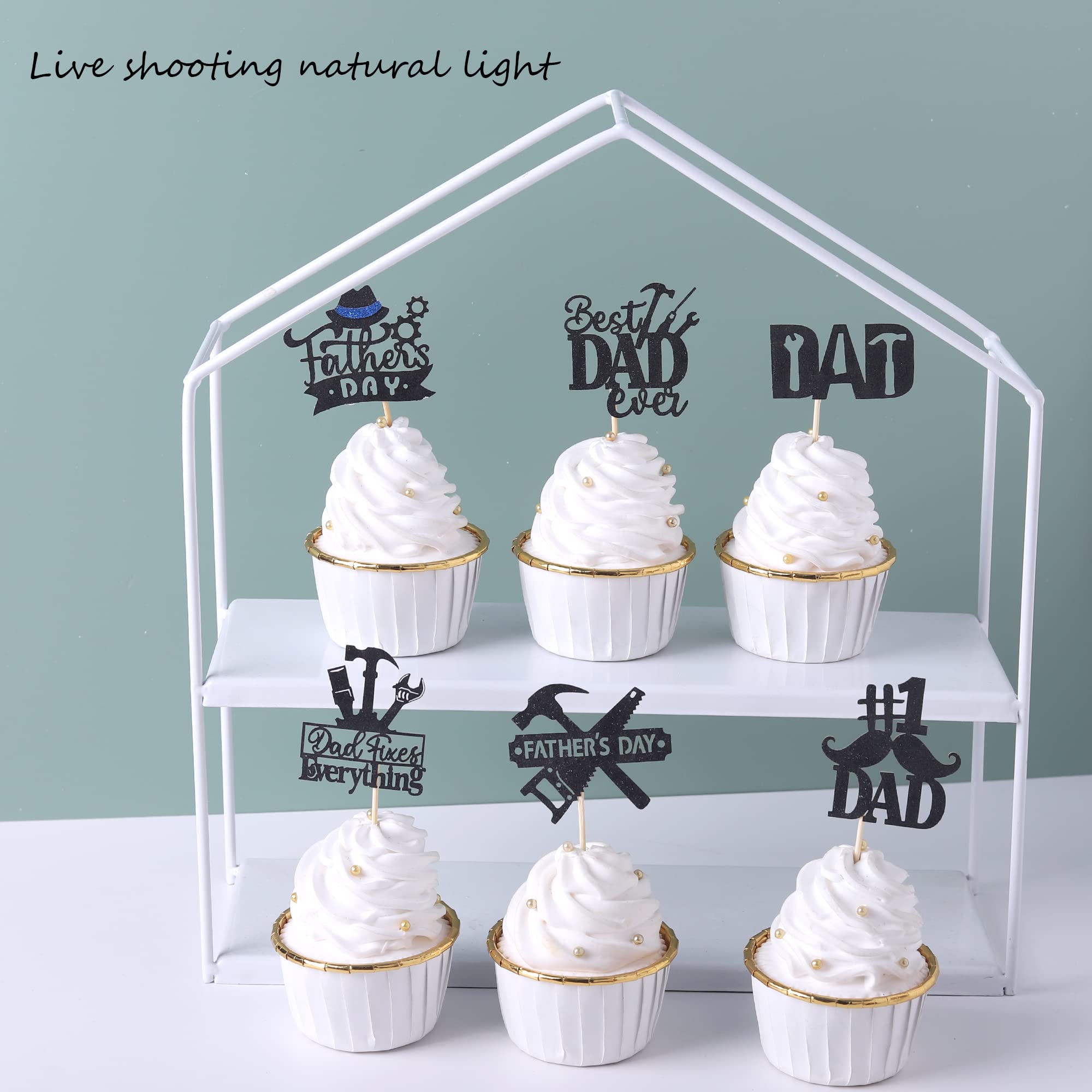 24 Pack Happy Father's Day Cupcake Toppers - Best Dad Ever Glitter Cake Decorations with #1 Dad, Tie, Mustache & Hat Designs for Father's Day Parties, Men's Birthday Celebrations & DIY Cake Decorating (Black)
