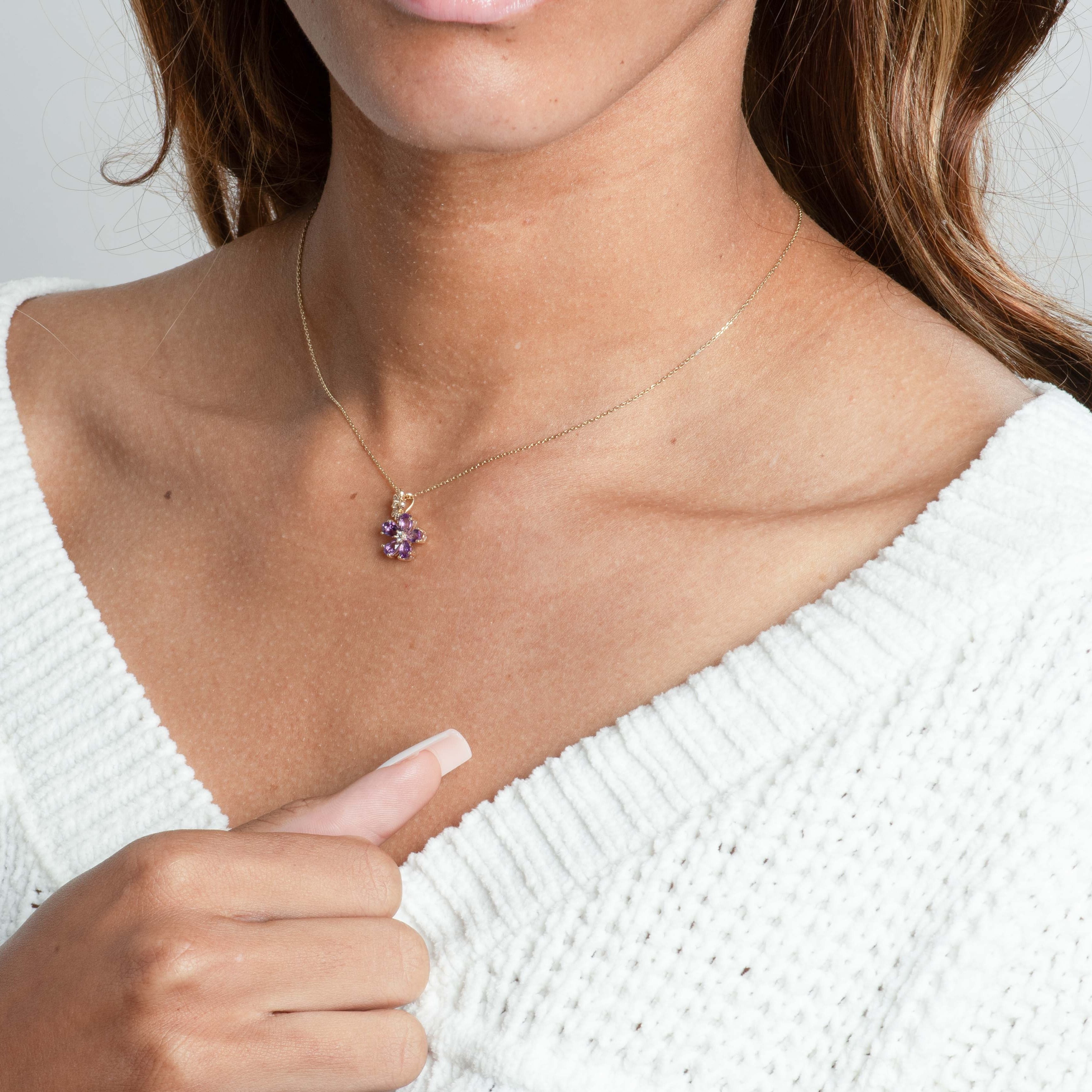 10k Yellow Gold Amethyst & White Sapphire Double Flower Drop Pendant Necklace - Elegant Jewelry Gift for Women, Perfect for Weddings, Anniversaries & Special Occasions