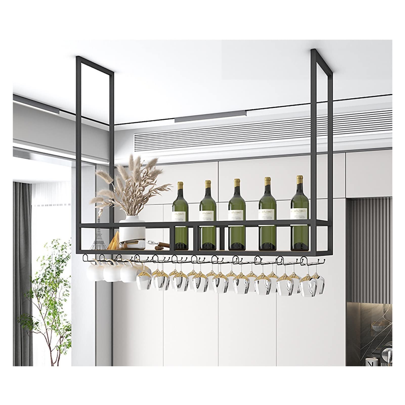 Black Metal Ceiling Mount Wine Rack with Stemware Glass Shelf - Space-Saving Hanging Bottle Storage for Kitchen, Bar, Restaurant & Home Decor - Perfect for Under Cabinet Installation & Wine Display