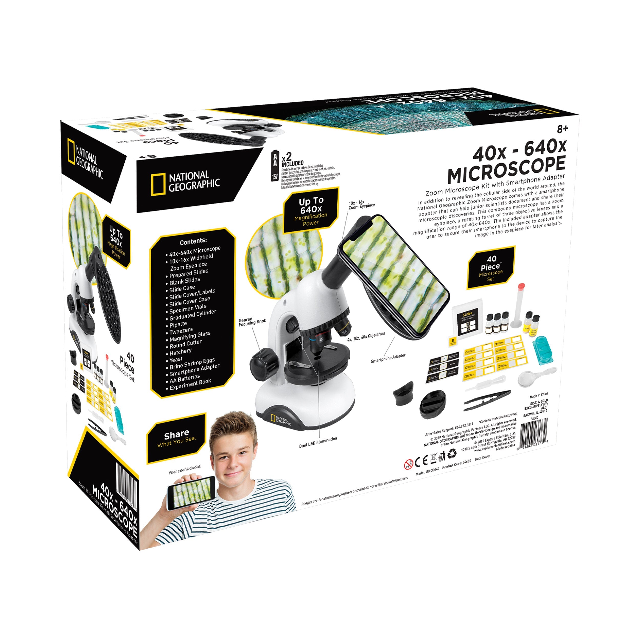 Certified Pre-Owned National Geographic 40x-640x Magnification Microscope with Smartphone Adapter - Perfect for Kids Science Experiments & Home Biology Labs