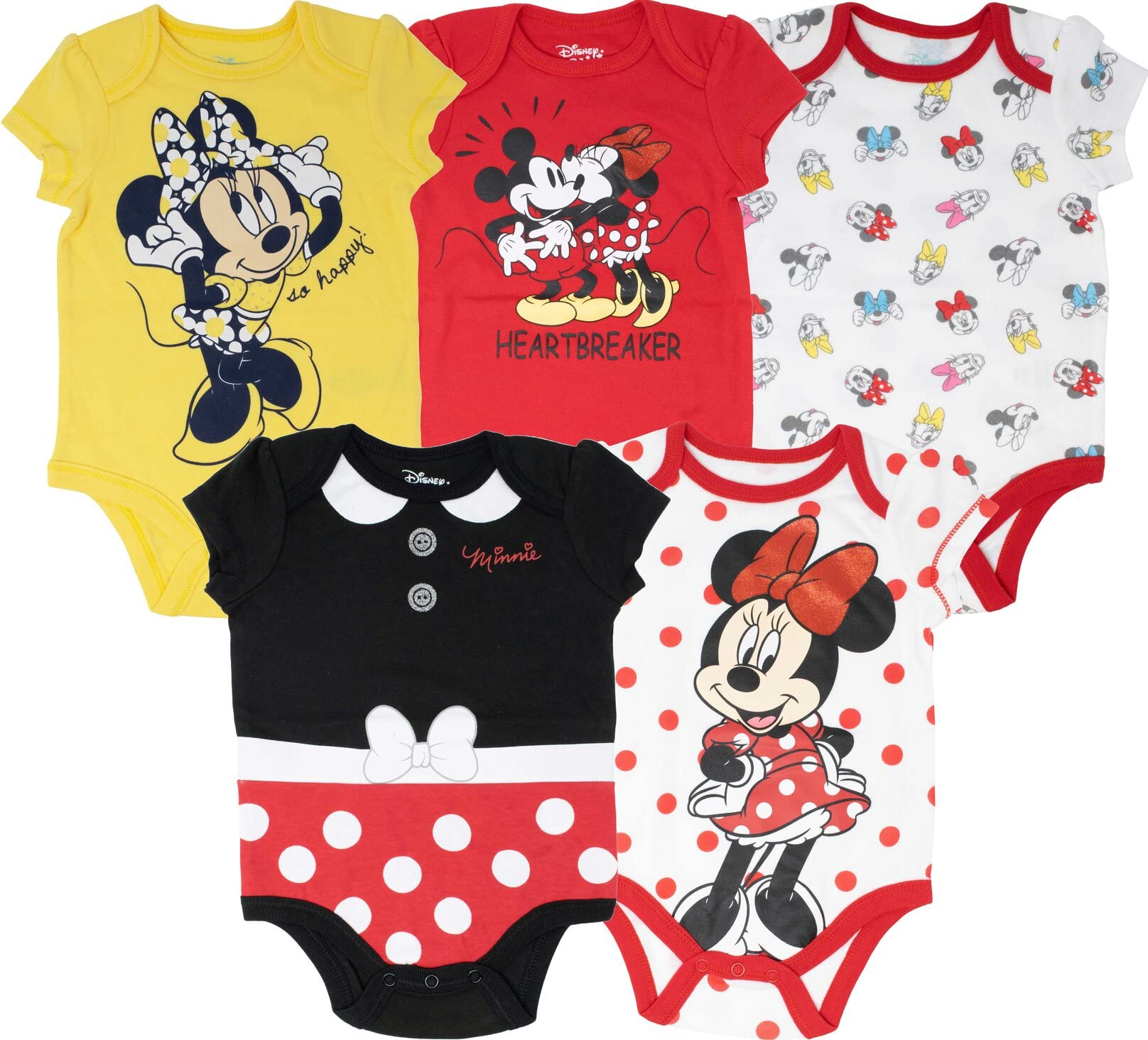 Disney Baby Girls' Minnie Mouse 5-Pack Bodysuits - Soft Cotton Onesies for Infants & Toddlers - Perfect for Playtime, Daycare & Family Outfits