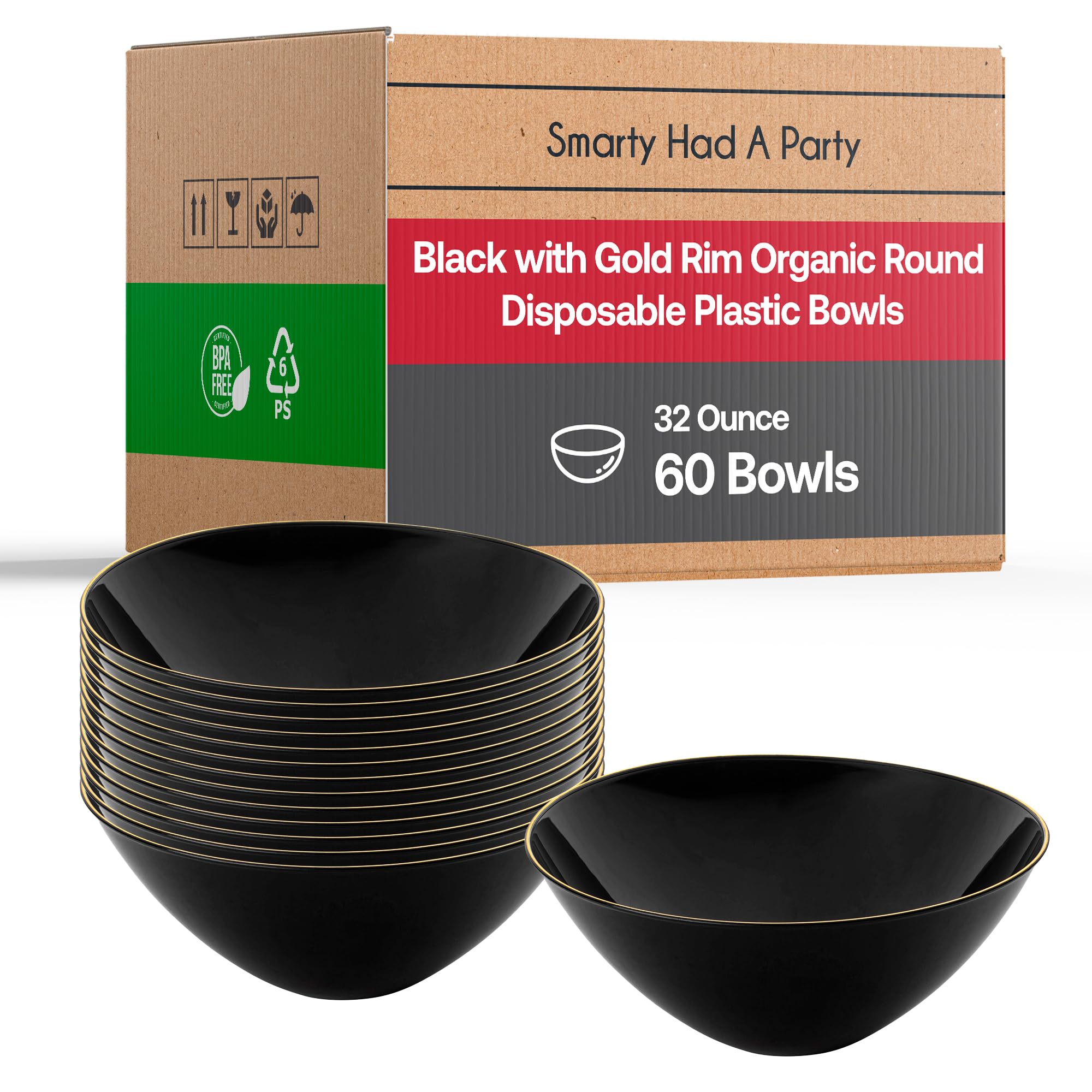 Eco-Friendly Disposable Plastic Plates with Elegant Rim Design - Bulk Round Dinnerware for Weddings, Birthdays & Special Events (Black & Gold, 60-Pack 32oz Bowls) - Perfect for Catering, Picnics & Party Decorations