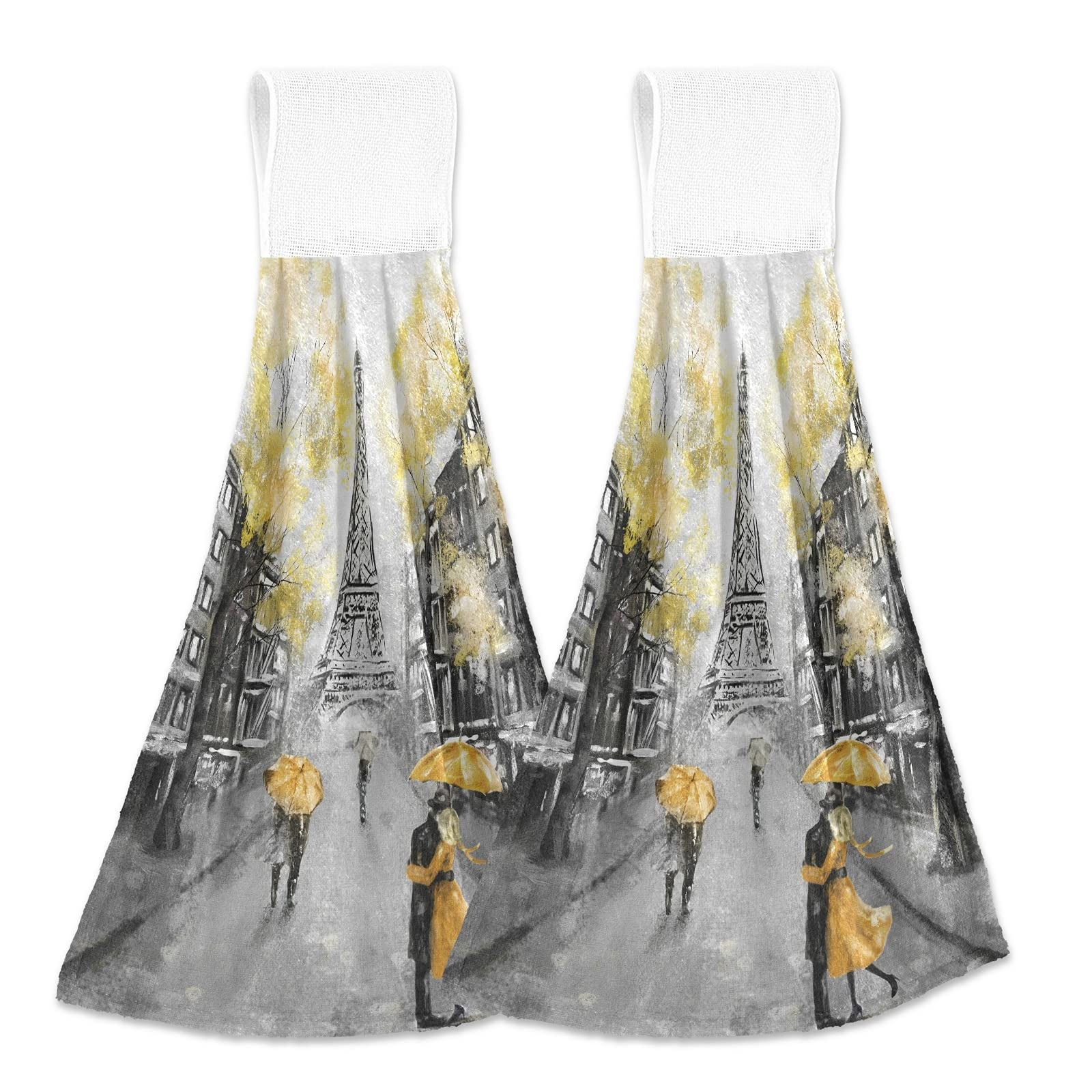Set of 2 Modern Yellow Paris Landscape Kitchen Towels - Absorbent Hanging Hand Towels & Washcloths for Kitchen, Bathroom Decor | Perfect for Home, Airbnb & Gift Giving