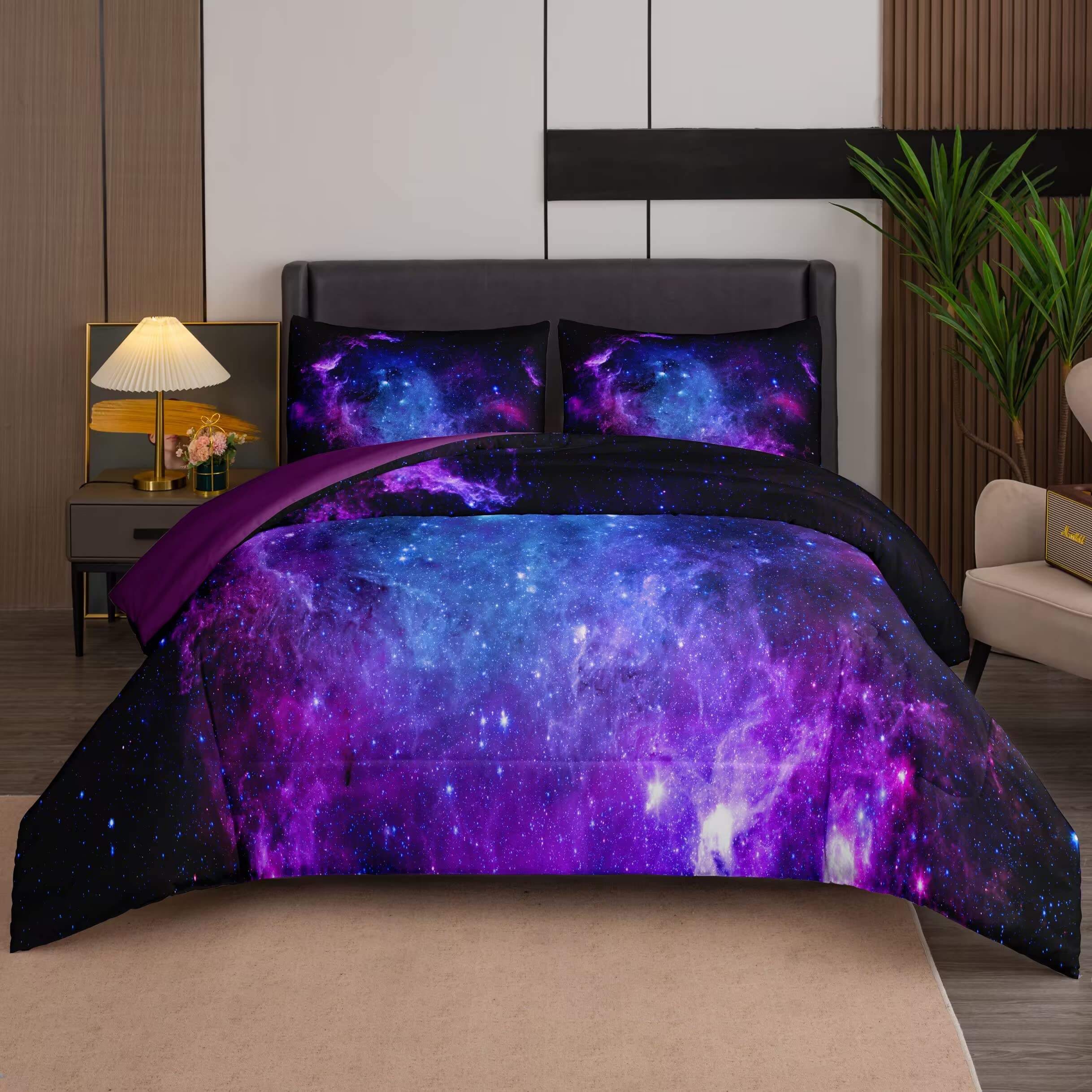 Galaxy Bedding Set Full Size - Purple Space Themed Comforter with 2 Pillowcases for Girls | Perfect for Teen Bedrooms, Sleepovers & Astronomy Lovers