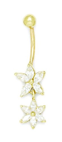 14K Yellow Gold CZ 14 Gauge Dangling 2 Flower Drop Belly Ring Body Jewelry - 37x10mm Elegant Navel Piercing for Women | Perfect for Summer Outfits, Beach Wear & Special Occasions