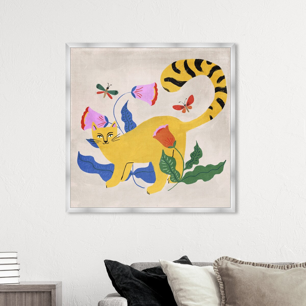 Blonde Tabby Floral Kitten Butterfly Garden Modern Yellow Framed Wall Art Print - Home Decor for Bedroom, Living Room & Nursery | Perfect Gift for Cat Lovers