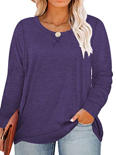 ROSRISS Women's Plus Size Long Sleeve Casual T-Shirt with Side Split - Comfortable Stretch Blouse for Work, Date Night & Everyday Wear