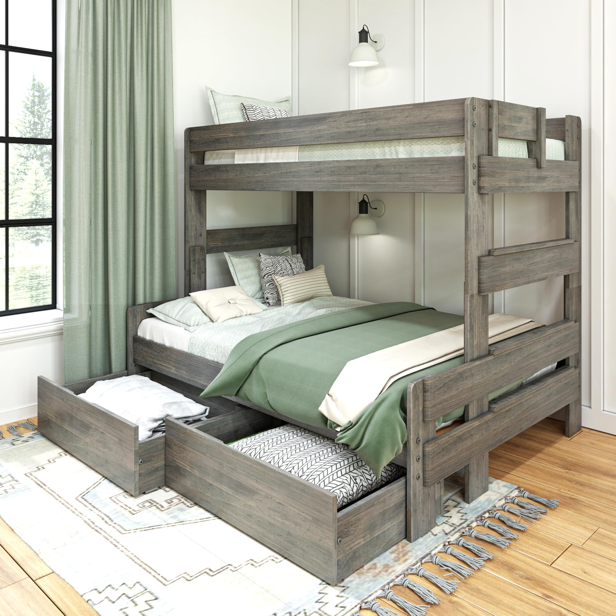 Max & Lily Modern Farmhouse Twin/Full Bunk Bed with Storage Drawers, Driftwood Finish - Space-Saving Kids Bedroom Furniture for Siblings or Sleepovers