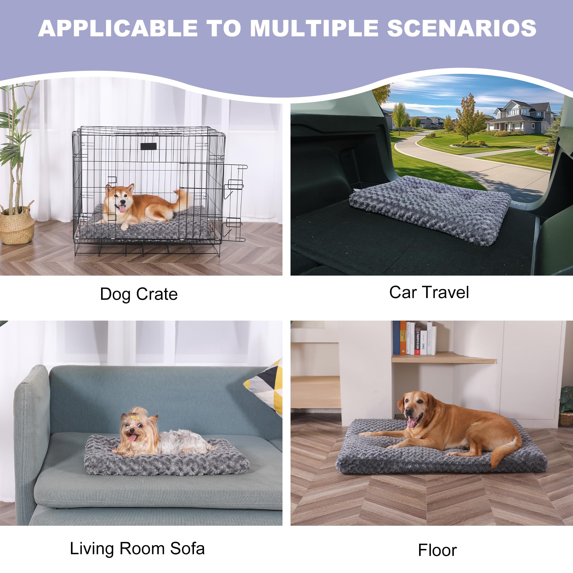 Bedfolks Plush Dog Crate Bed - Washable Large Dog Bed with Anti-Slip Bottom, 35x23 Inch Fluffy Kennel Pad for Comfortable Sleeping - Dark Grey | Perfect for Crates, Kennels & Home Use
