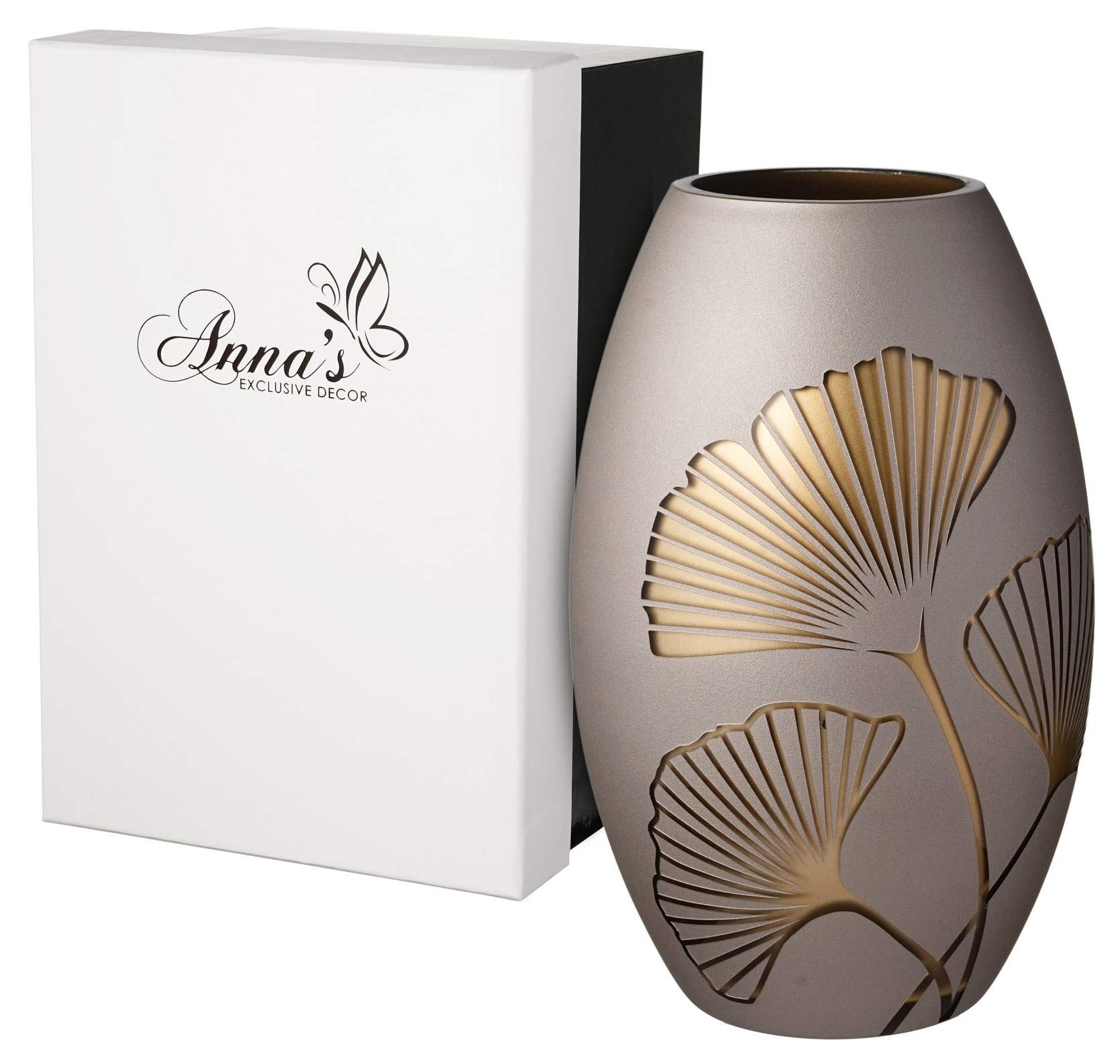 Golden Glass Vase with Etched Gold Ginkgo Leaves - Handcrafted Mouth-Blown Thick Glass Vase for Wedding Centerpiece, Home Decor, Anniversary Gift - Elegant 9.1 Inch (23 cm) Vase in Luxury Gift Box - Perfect for Dining Table, Living Room & Special Occasions