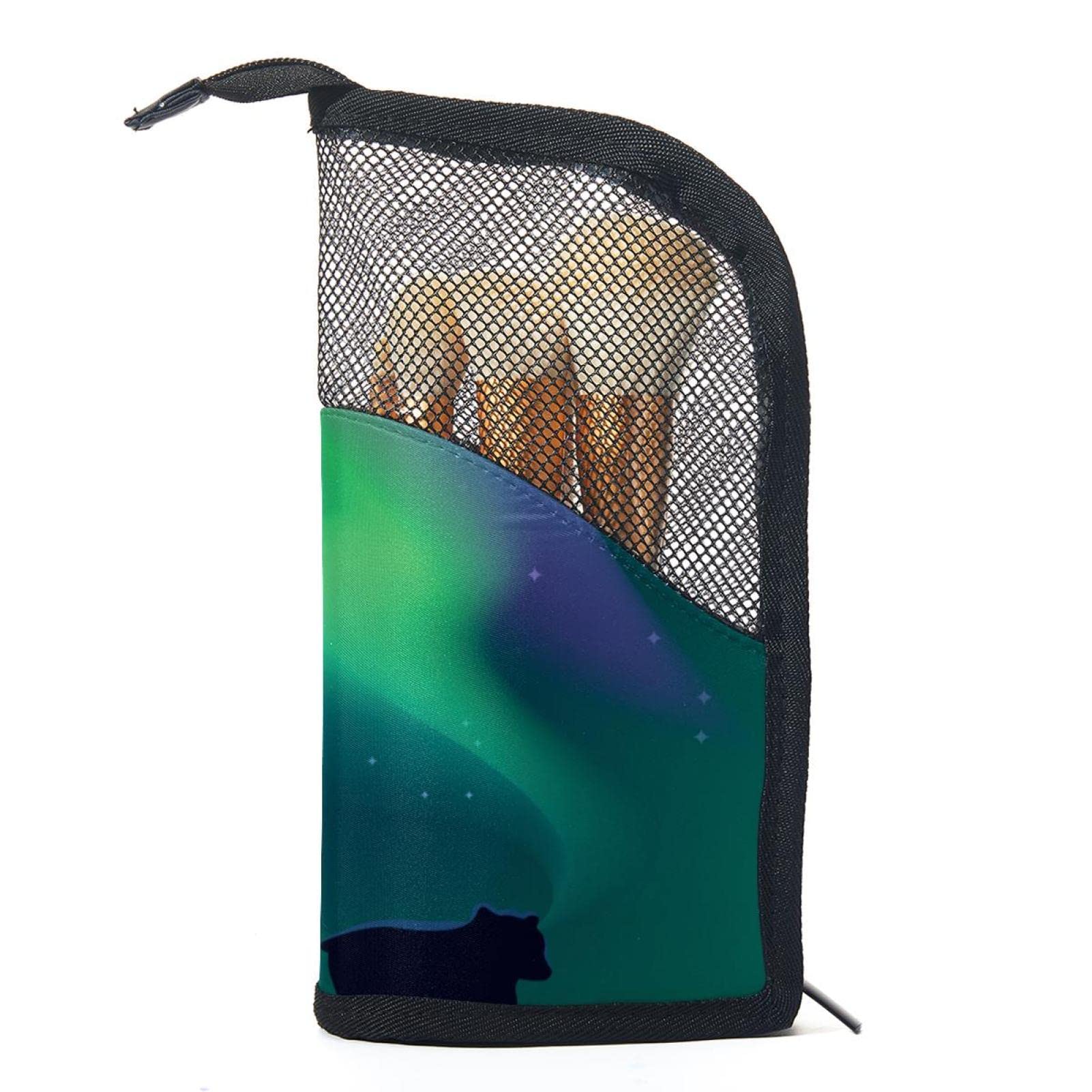Portable Makeup Brush Organizer Bag with 12 Slots - Polar Bear Northern Lights Design - Travel-Friendly Cosmetic Brush Holder Case for Home & Travel Use