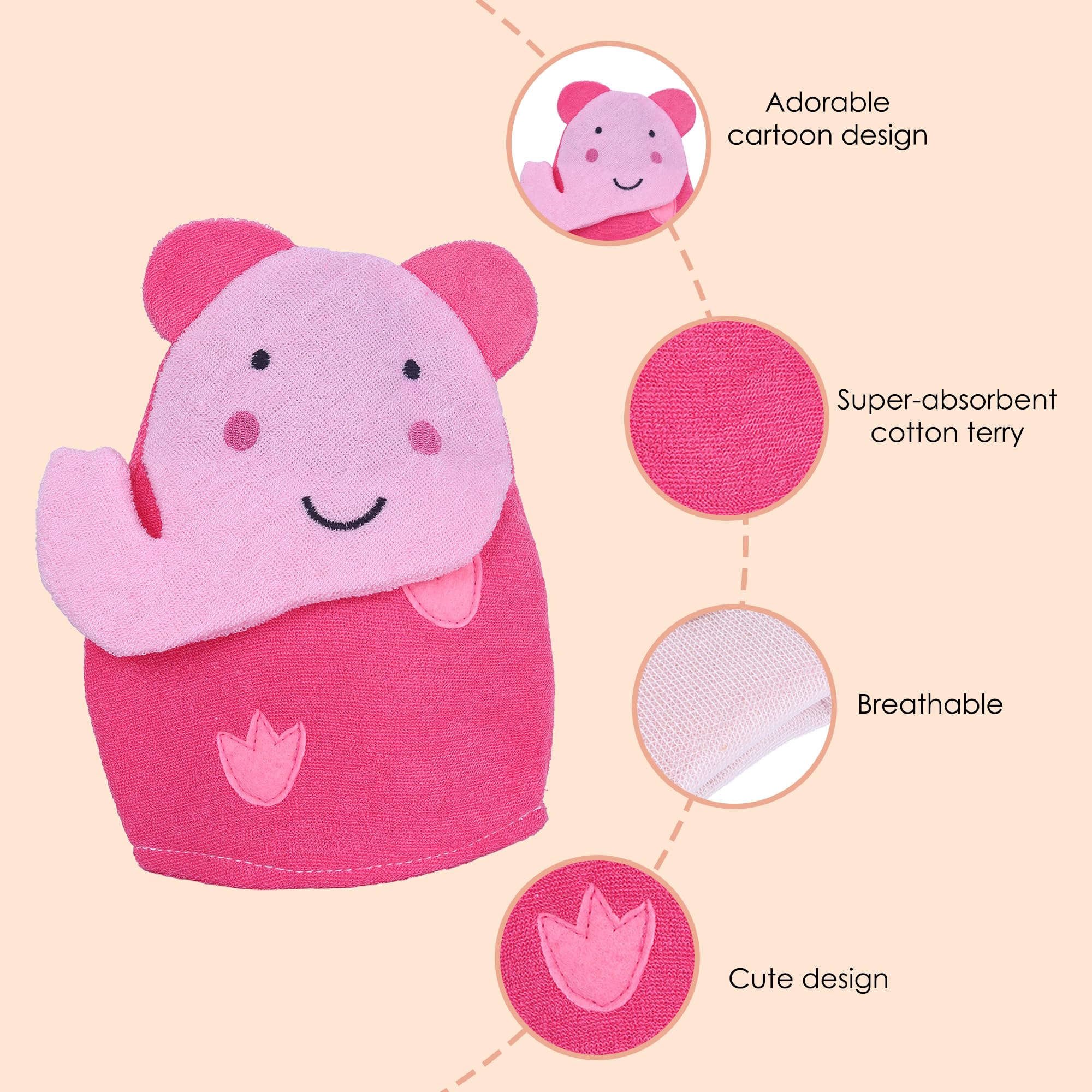 BabyMoo Pink Elephant Hand Puppet Wash Mitt for Kids - Soft Terry Cloth Scrubber for Bath Time Fun
