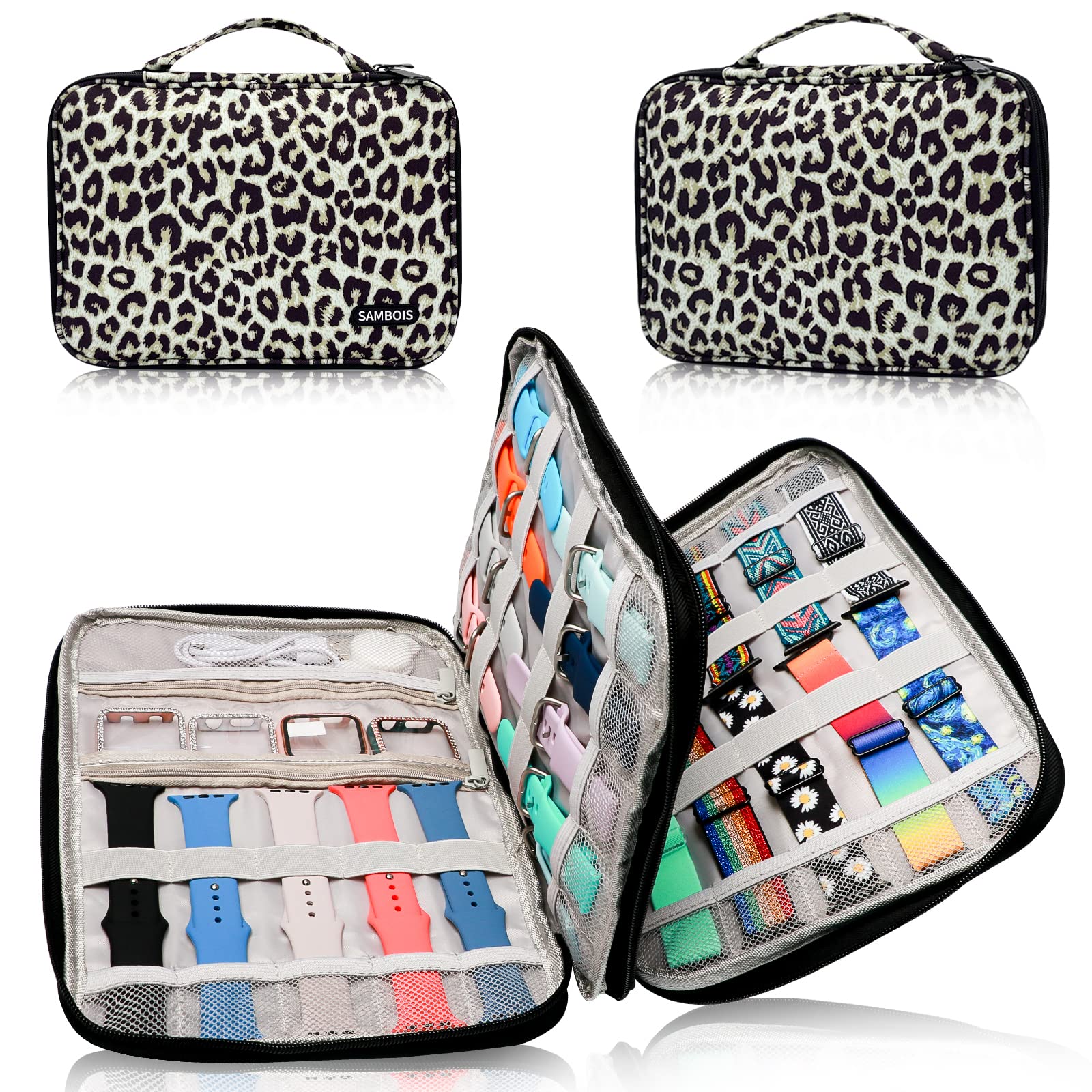 Premium Watch Band Storage Case - Holds 35 Watch Bands | Portable Organizer for Apple Watch Bands, Pins, Cables & Accessories | Travel-Friendly Watch Accessory Case (Leopard Print) | Perfect for Travel, Home Organization & Watch Collection Display