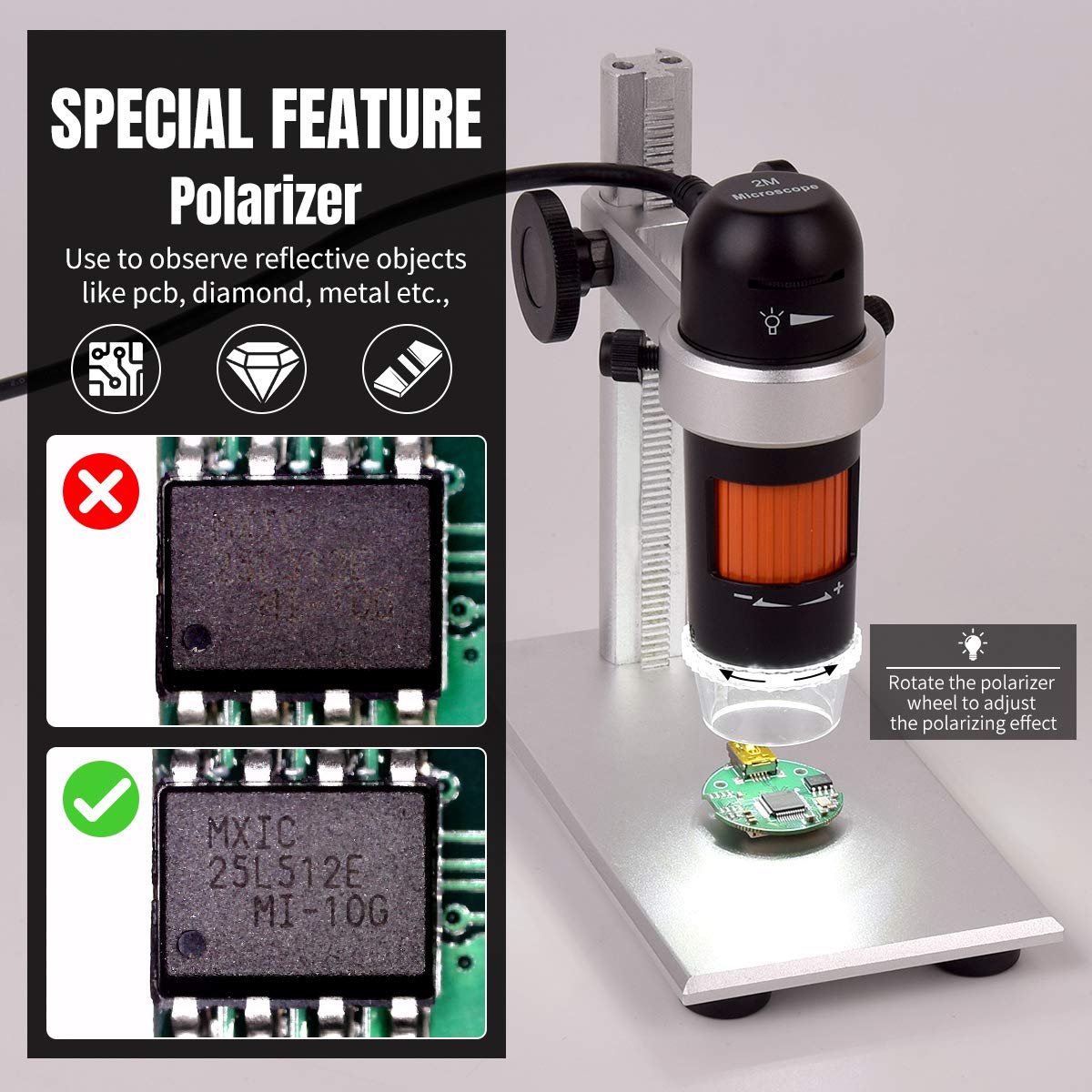 5MP Polarizing USB Microscope - 250x Magnification Digital Microscope Camera for Coin Collecting & Micro Soldering | Compatible with Windows/Mac | Perfect for Hobbyists, Jewelers & Electronics Repair