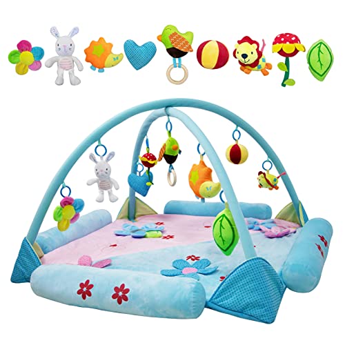**Extra Large Thick Baby Play Mat with 5 Detachable Plush Toys & Soft Play Blanket - Non-Toxic Crawling Activity Gym for Infants & Toddlers (Blue) - Perfect for Nursery, Playtime & Tummy Time**