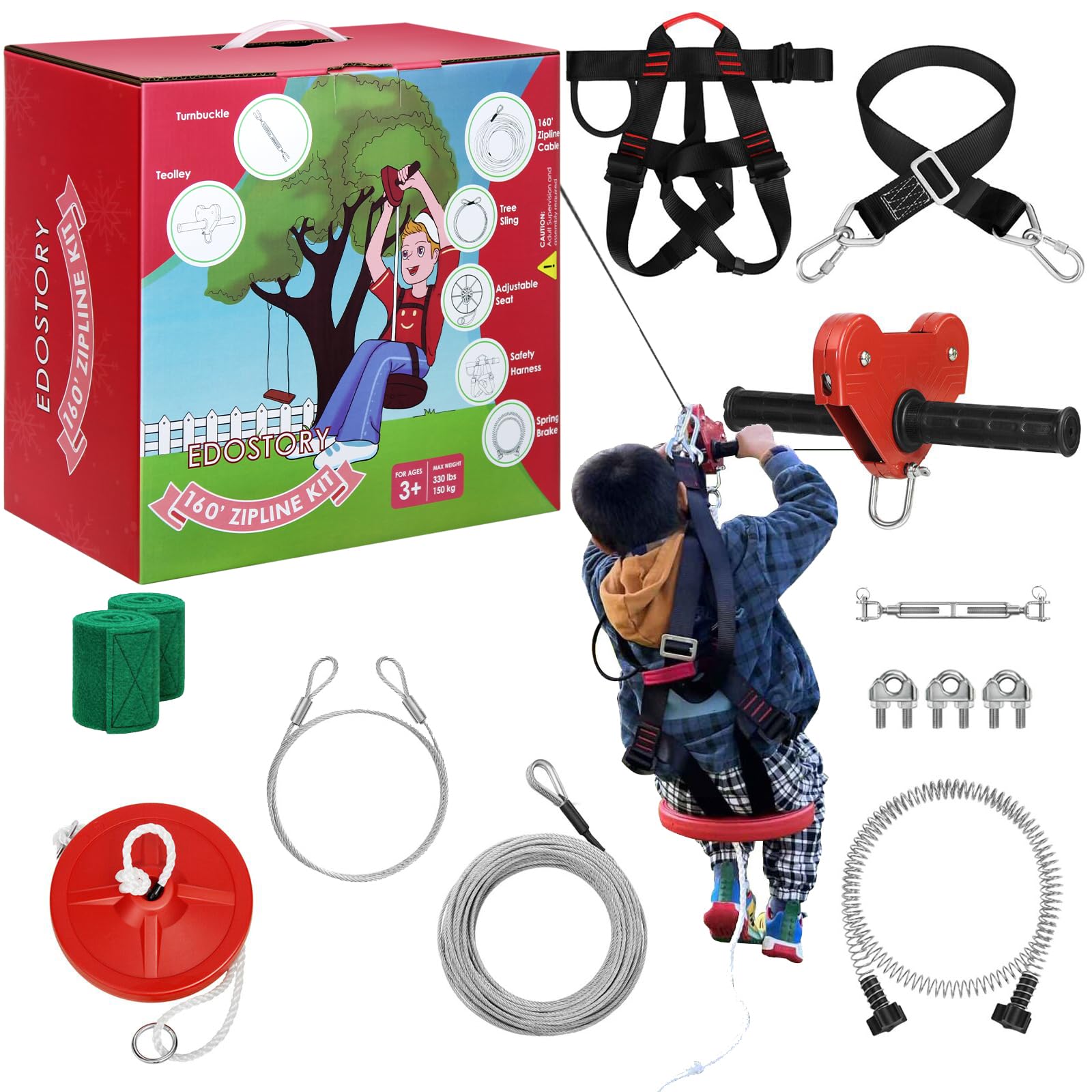 EDOSTORY 160ft Heavy Duty Backyard Zip Line Kit for Kids & Adults - Supports Up to 330lbs with Stainless Steel Cable, Spring Brake & Safety Harness | Outdoor Adventure Play Equipment for Backyards, Parks & Camping | Great Christmas & Birthday Gift for Kids (Red)