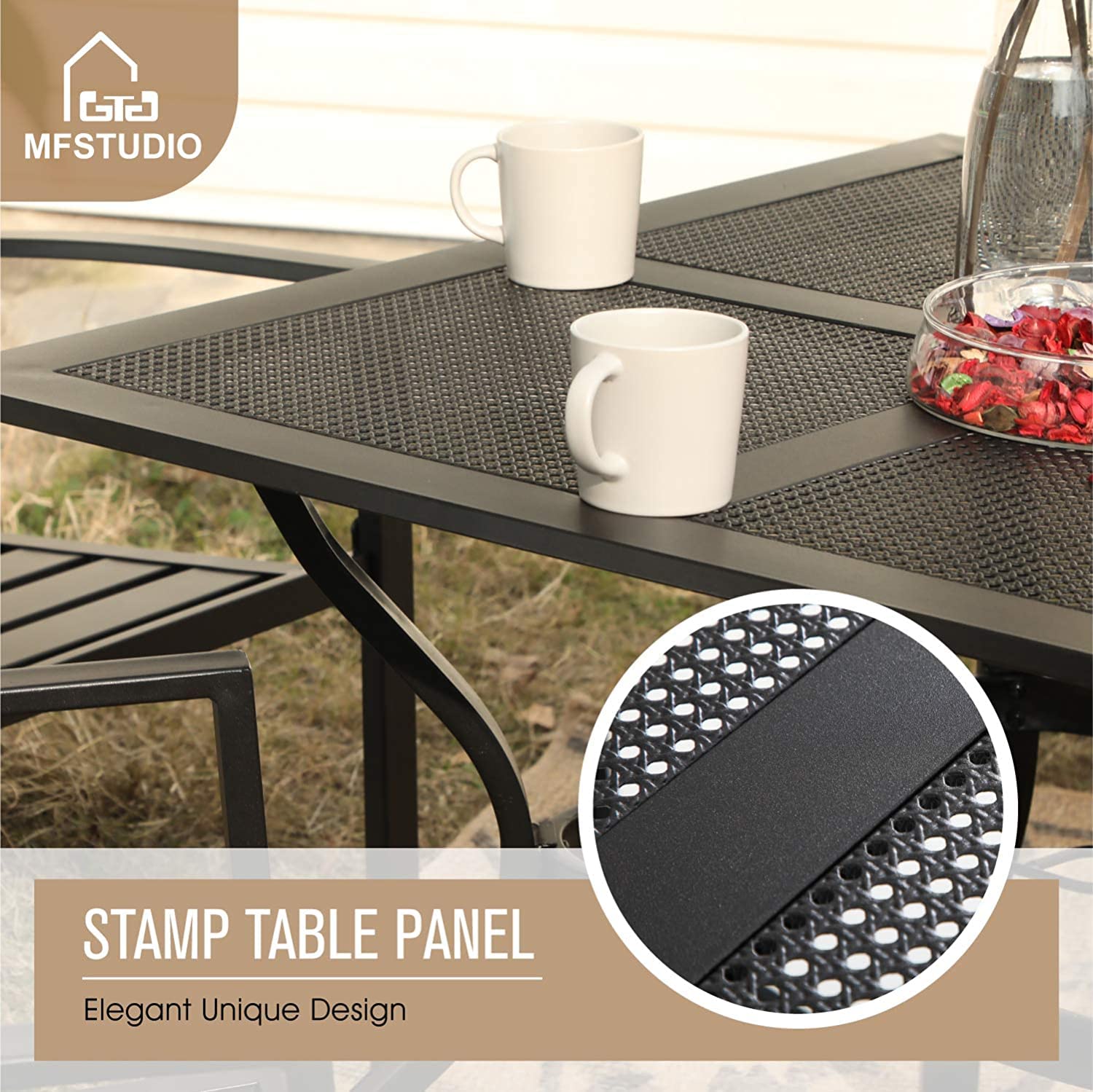 MFSTUDIO 5-Piece Outdoor Patio Dining Set - Black Metal Square Table with 4 Stackable Chairs & 1.57