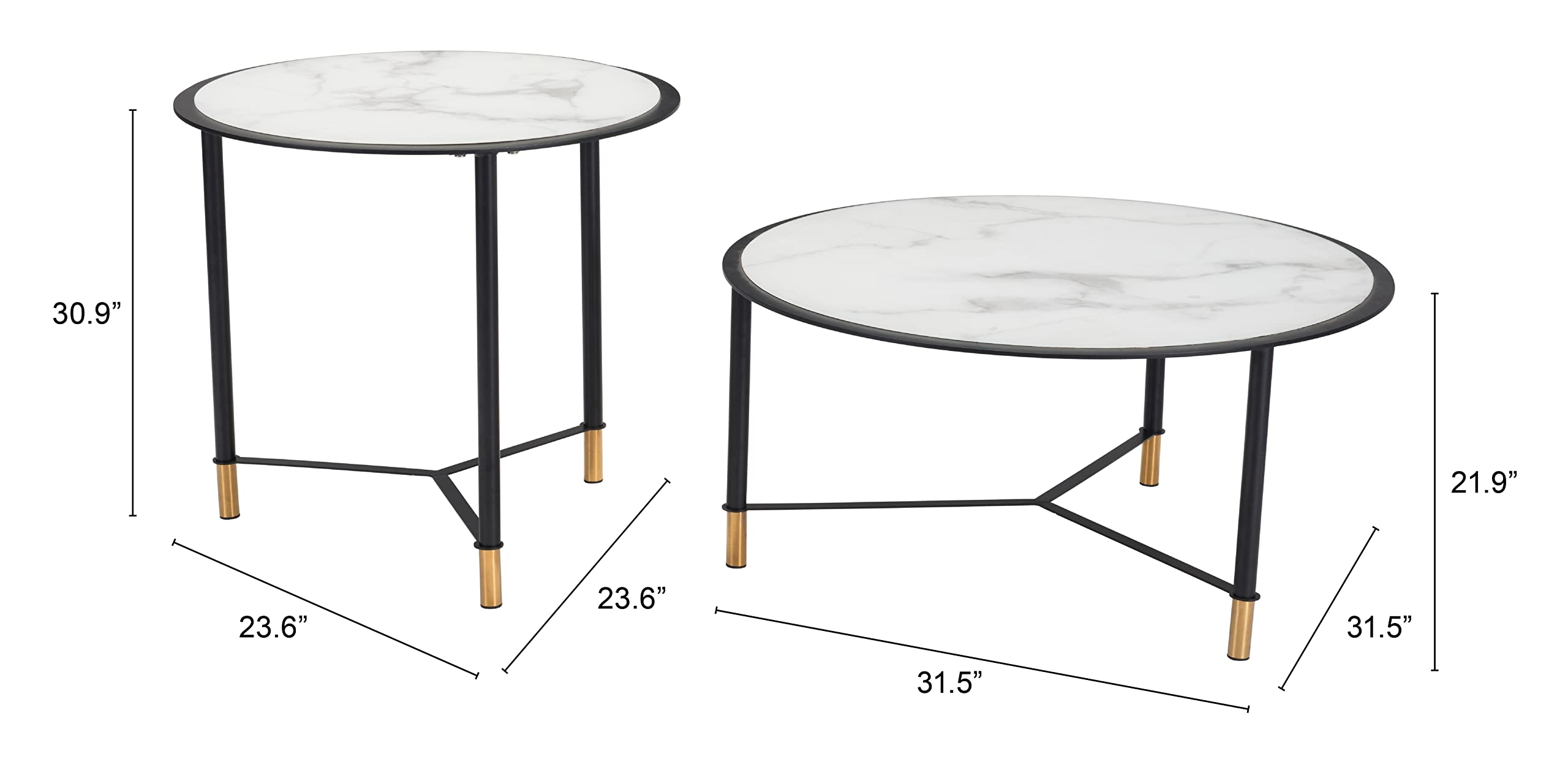Modern Zuo Davis Coffee Table Set of 2 - Black & White Glass Top End Tables for Living Room, Lounge & Office Decor