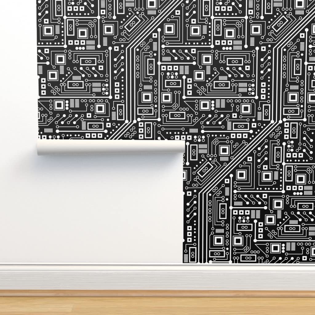 Robot Circuit Board Peel & Stick Wallpaper - 12ft x 2ft Black & White Digital Print Removable Wallpaper for Bedroom, Office, Gaming Room & DIY Home Decor - Spoonflower Custom Wallpaper