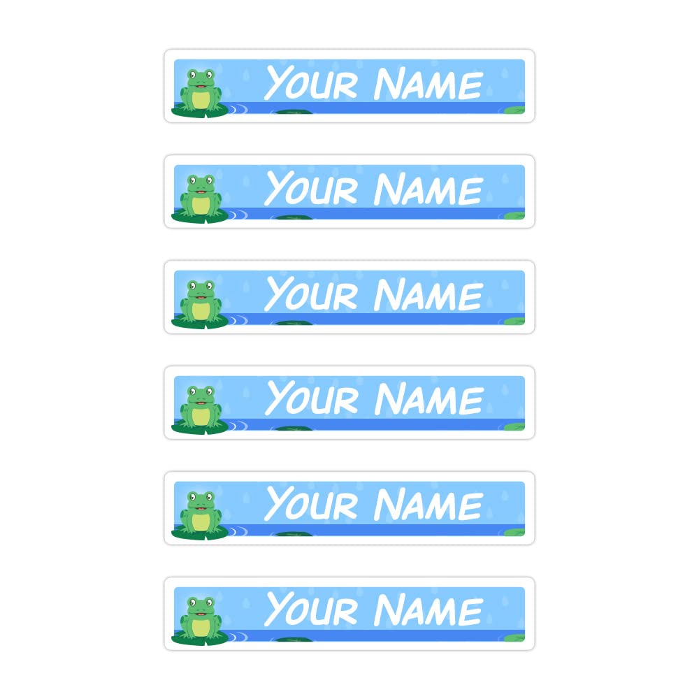 Peel & Stick Waterproof Name Labels - 80 Durable Personalized Skinny Frog Design Labels for Kids School Supplies, Lunch Boxes & Water Bottles