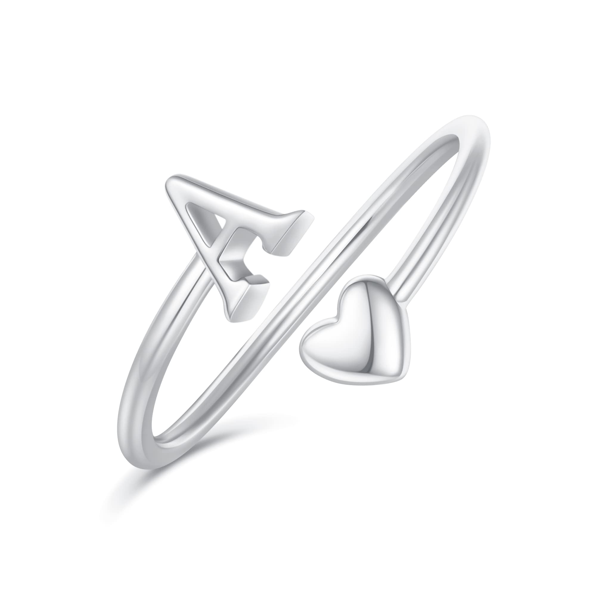 Heart Initial Rings for Women & Teen Girls - Adjustable Stackable Letter Rings, Cute Heart Jewelry for Gifts, Valentine's Day, Birthday & Everyday Wear