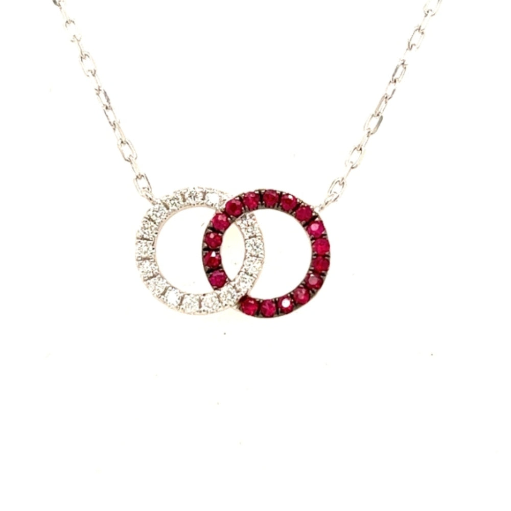 18K Ruby and Diamond Interlocking Circles Pendant Necklace - Elegant Jewelry Gift for Women - Perfect for Anniversaries, Birthdays & Special Occasions