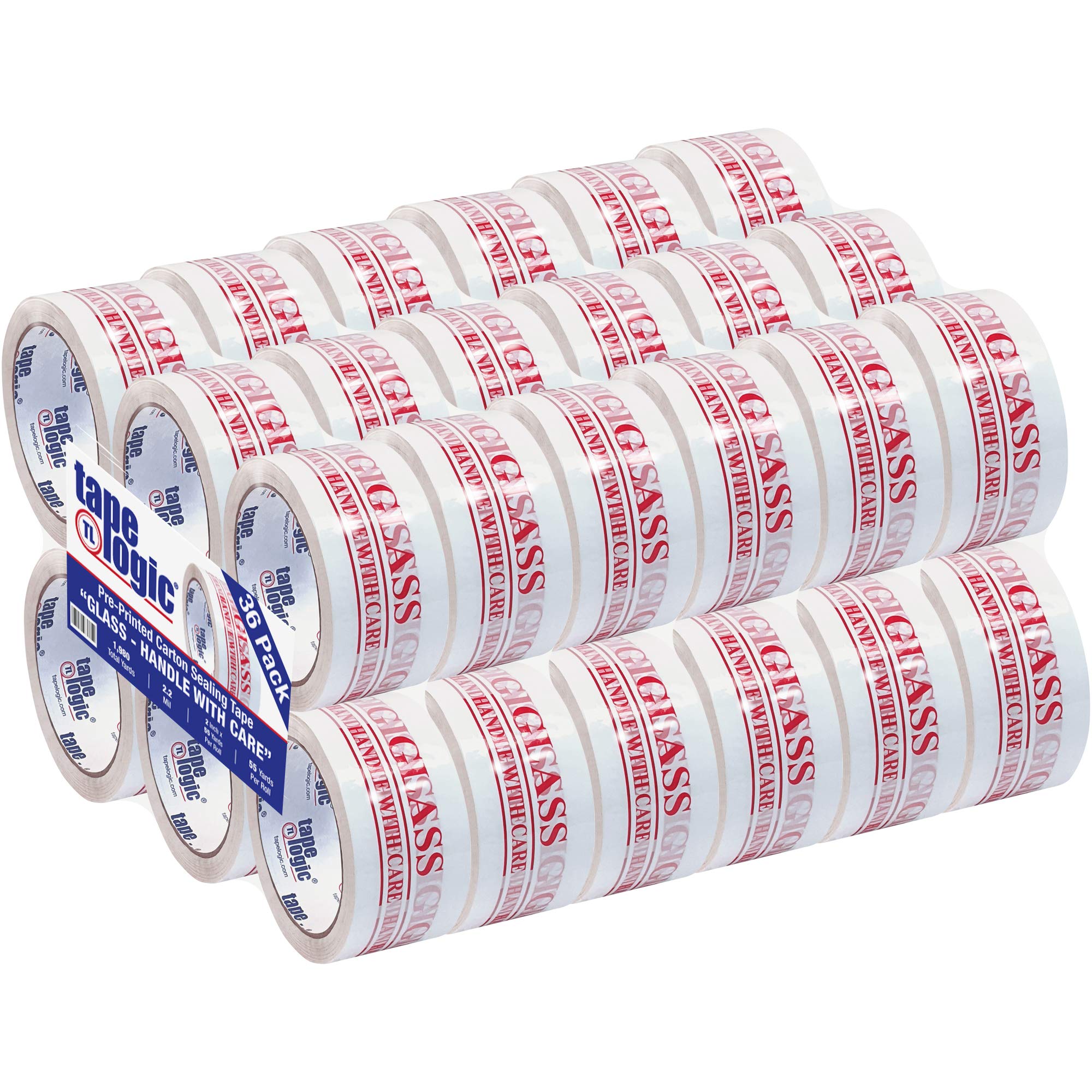 Aviditi T901P17 Heavy Duty Packing Tape - 2 Inch x 55 Yard 2.2 Mil Red/White Glass Handle with Care Tape - 36 Pack for Secure Shipping, Moving & Office Use - Ideal for Fragile Items, Box Sealing & Warehouse Packaging