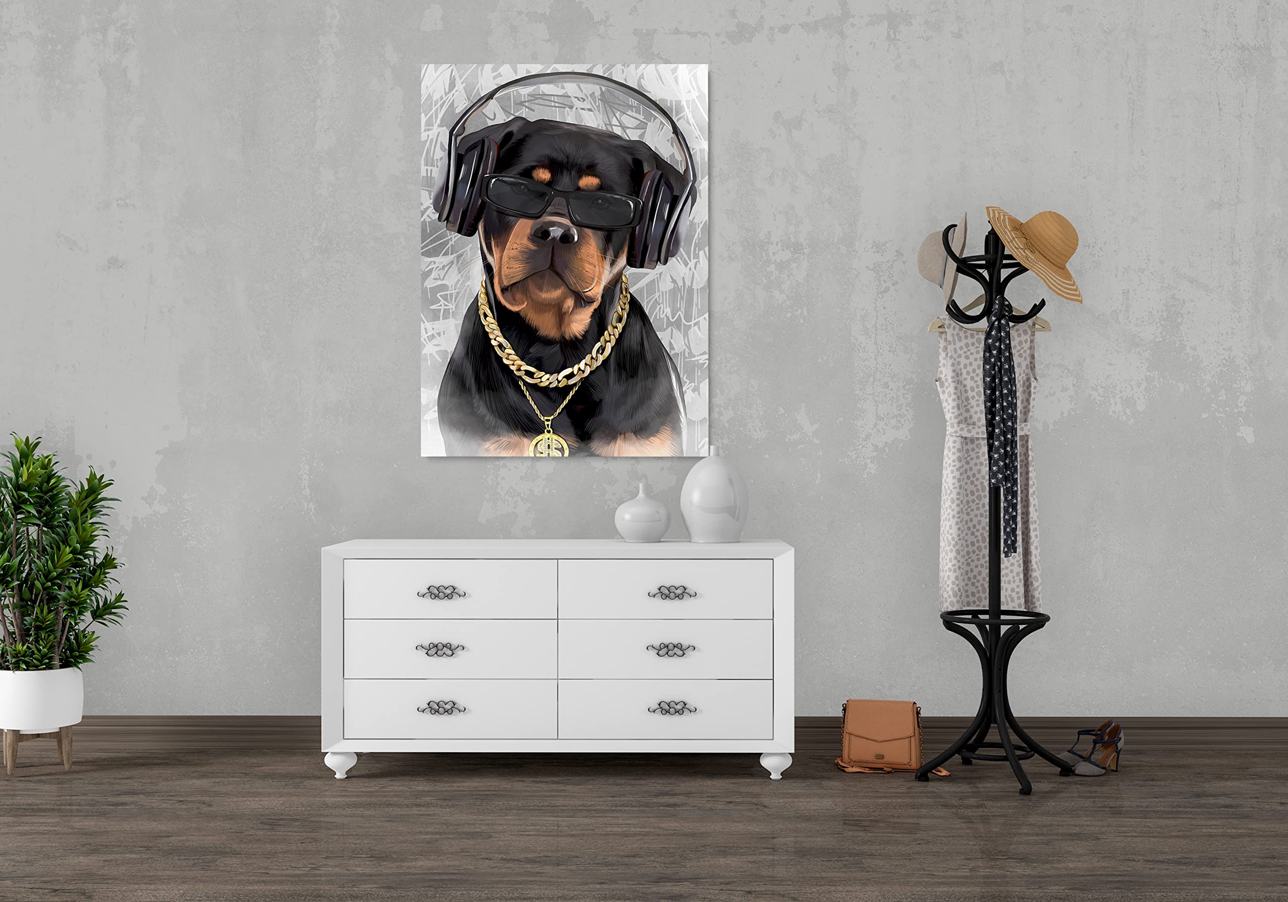 Funny Dog Portrait Wall Art - Cute Rottweiler Rapper Canvas Print 24x32 Inch | Unique Home Decor for Dog Lovers | Perfect for Living Room, Bedroom & Office | Stretched & Ready to Hang | Great Gift Idea for Pet Owners