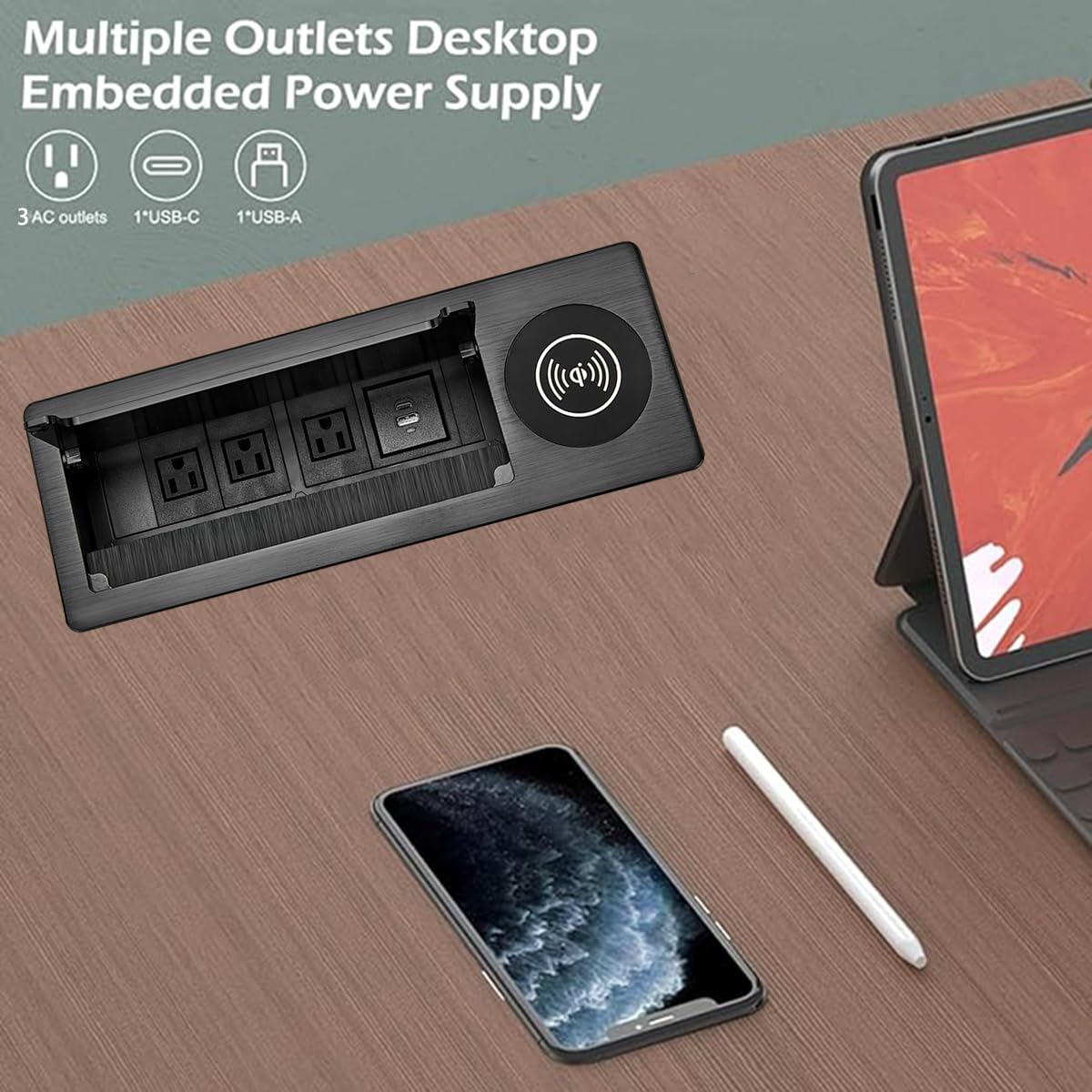 15W Fast Wireless Charger & 18W USB C Charger Embedded Desk Outlet - Conference Table Power Hub with 4.9ft Cord for Office & Home Workspaces (Brushed Black) | Ideal for Meetings, Remote Work & Home Office Setups