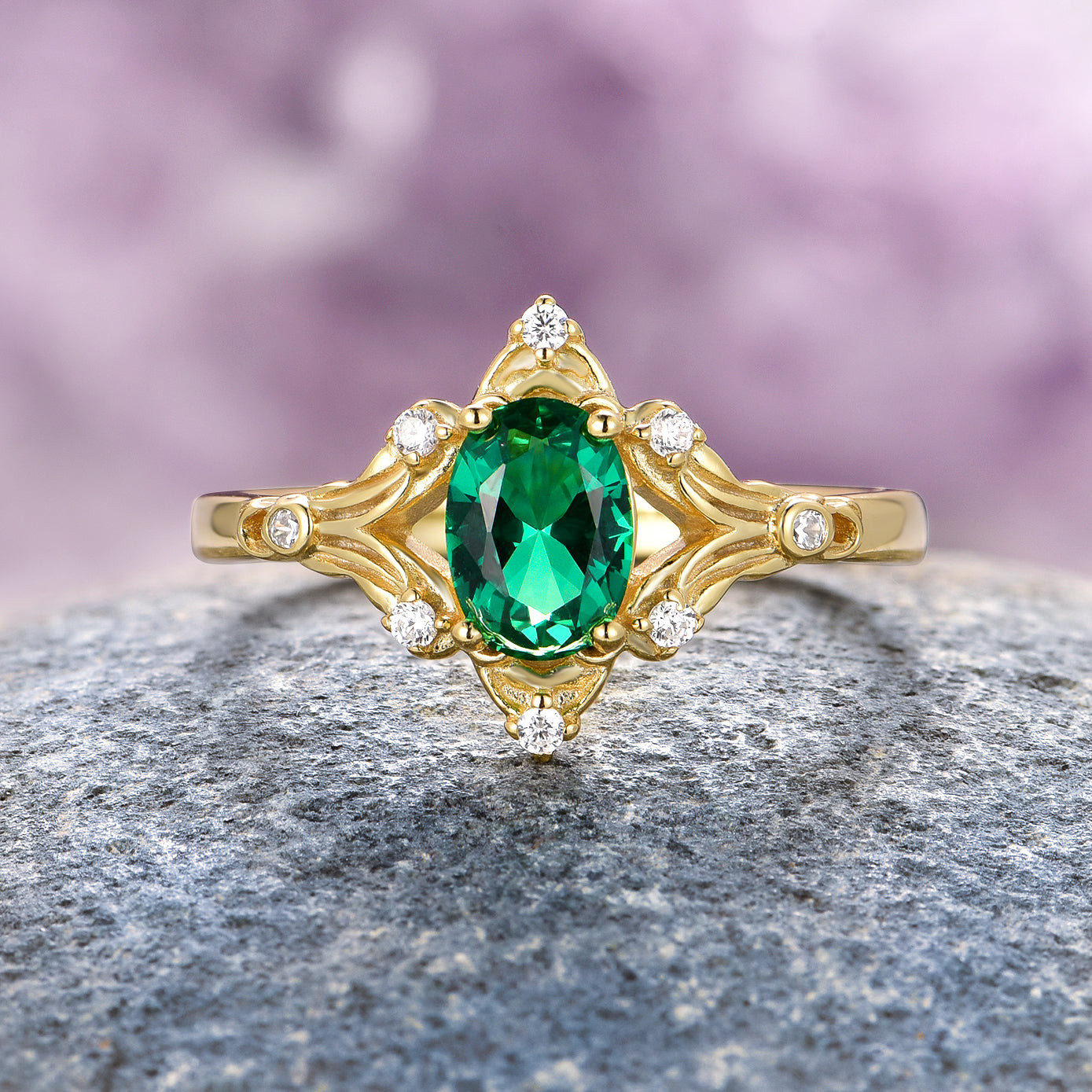 Maeve Vintage Emerald Ring - 14K Yellow Gold Vermeil Green Gemstone Jewelry for Women - Perfect for Weddings, Anniversaries & Special Occasions
