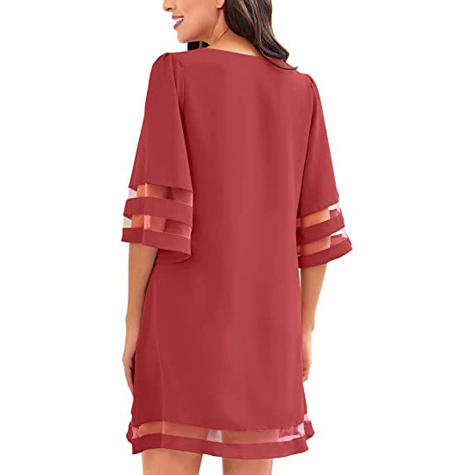 Women's Mid-Length A-Line Dress with Crewneck, 3/4 Bell Sleeves & Patchwork Design - Loose Fit Casual White Dress for Everyday Wear, Office & Date Nights