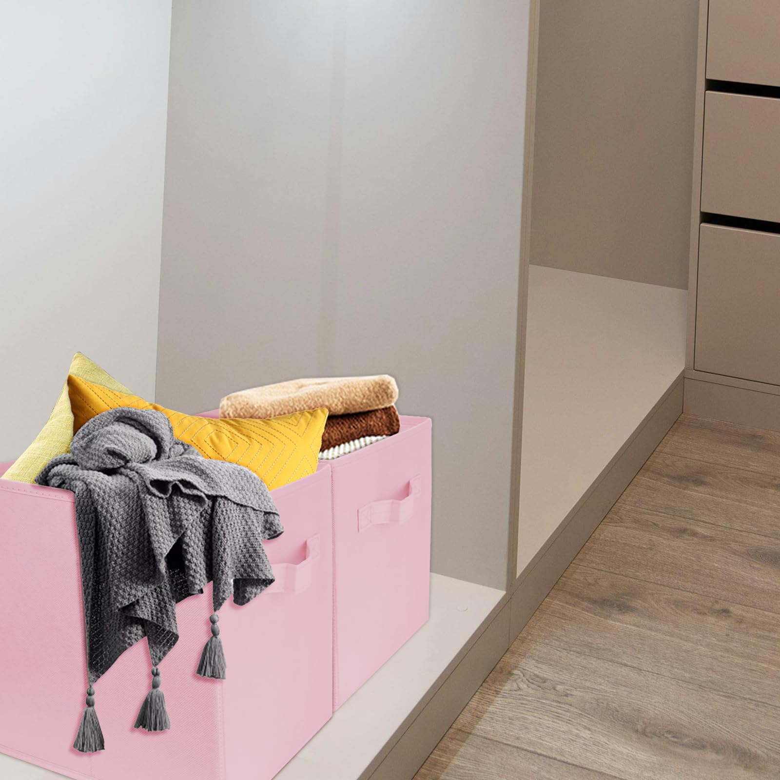 2 Pack 10.5 Inch Collapsible Fabric Storage Cubes - Foldable Organizer Bins for Closet, Shelves, Office & Home Organization - Space Saving Storage Solution (Pink) - Perfect for Bedroom, Kids Room & Dorm Organization