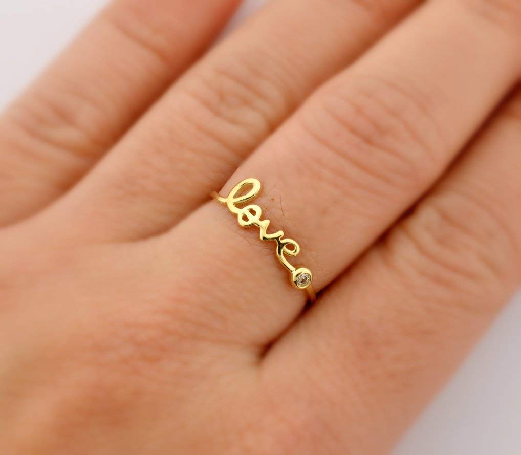 10K Yellow Gold Love Hope Ring with Bezel-Set Simulated CZ Diamond - Elegant Promise Ring for Women, Anniversary & Valentine's Day Gift