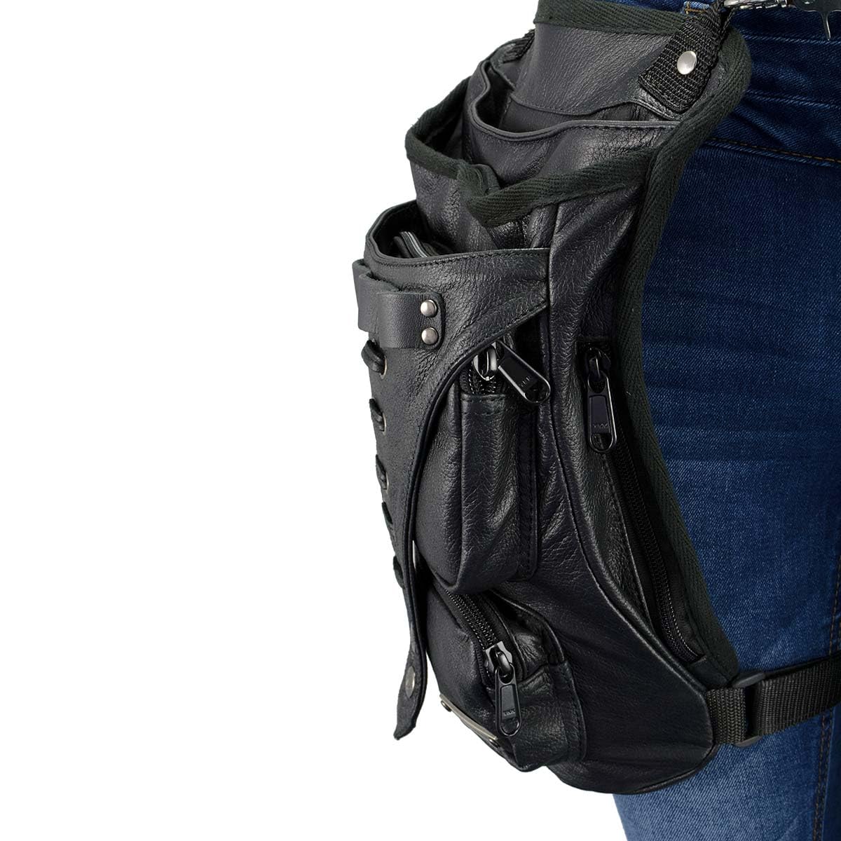 Milwaukee Leather MP8898 Black Leather Conceal Carry Thigh Holster Bag with Adjustable Waist Belt - Perfect for Outdoor Activities, Hiking, and Tactical Use