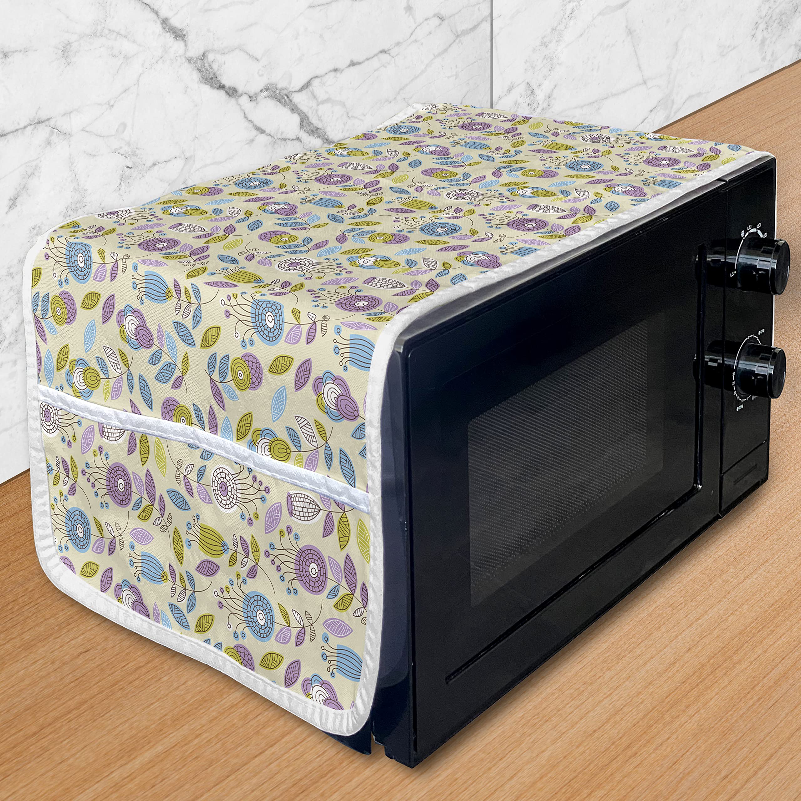 Ambesonne Floral Microwave Cover - Waterproof Kitchen Organizer with Pockets, 36x12 Inches, Pale Lilac Khaki - Funny Flower & Leaf Design for Microwave Protection & Kitchen Decor